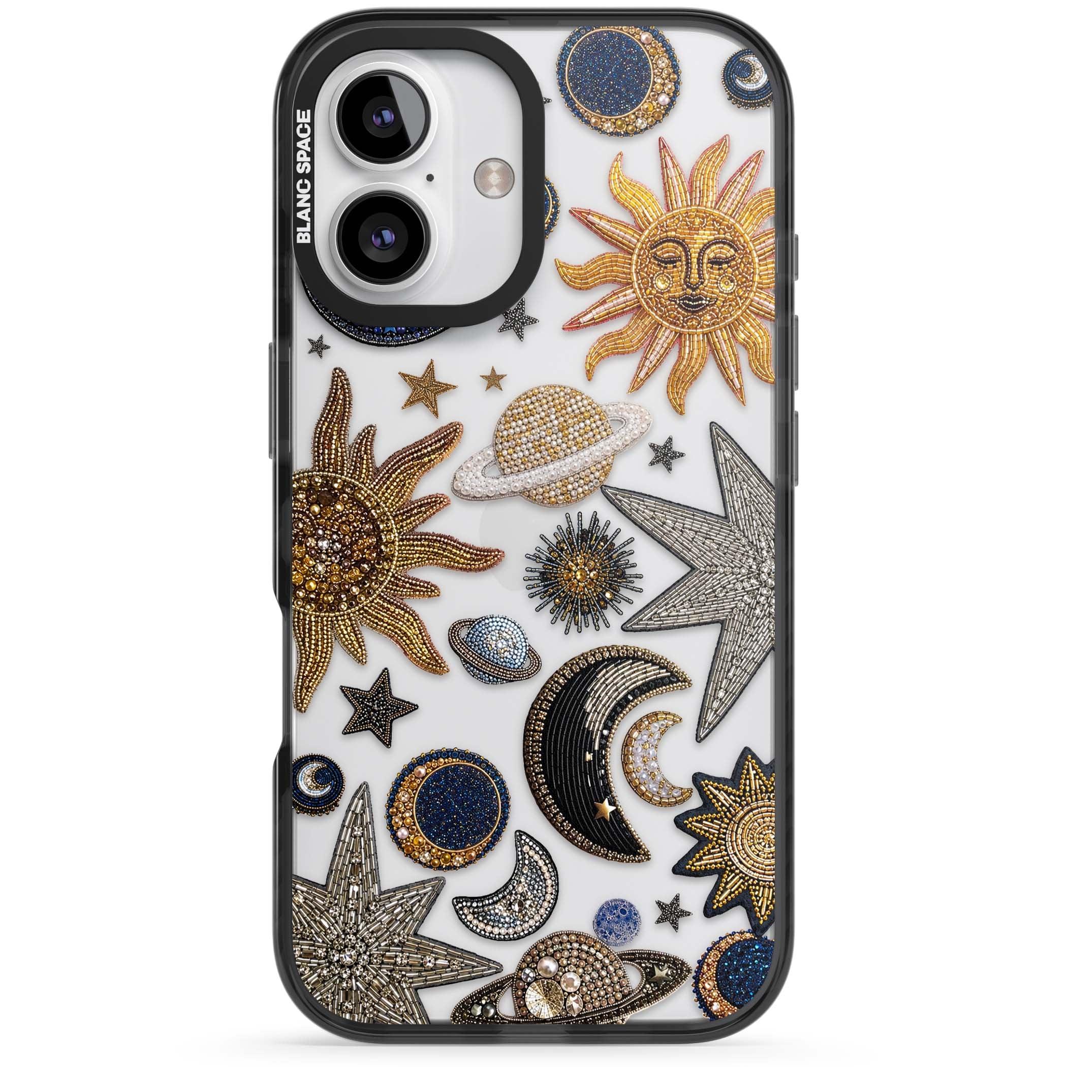 Beaded Cosmos celestial iPhone case featuring embroidered golden suns, beaded planets and silver shooting stars | Black Impact case for iPhone 16, iPhone 16 Plus