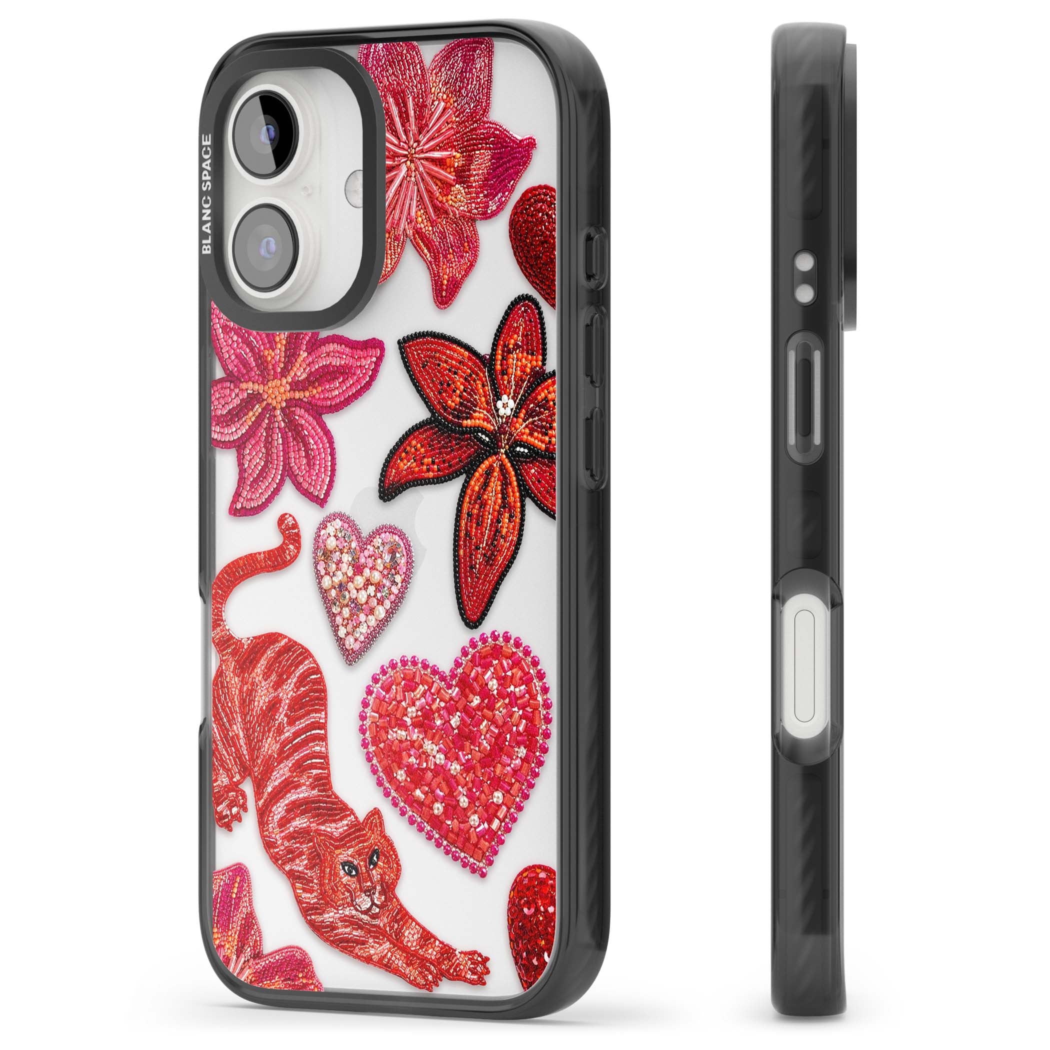 Beaded Boho floral iPhone case featuring beaded red lilies, a stitched tiger, and pearl-encrusted hearts on clear | Black Impact case for iPhone 16, iPhone 16 Plus