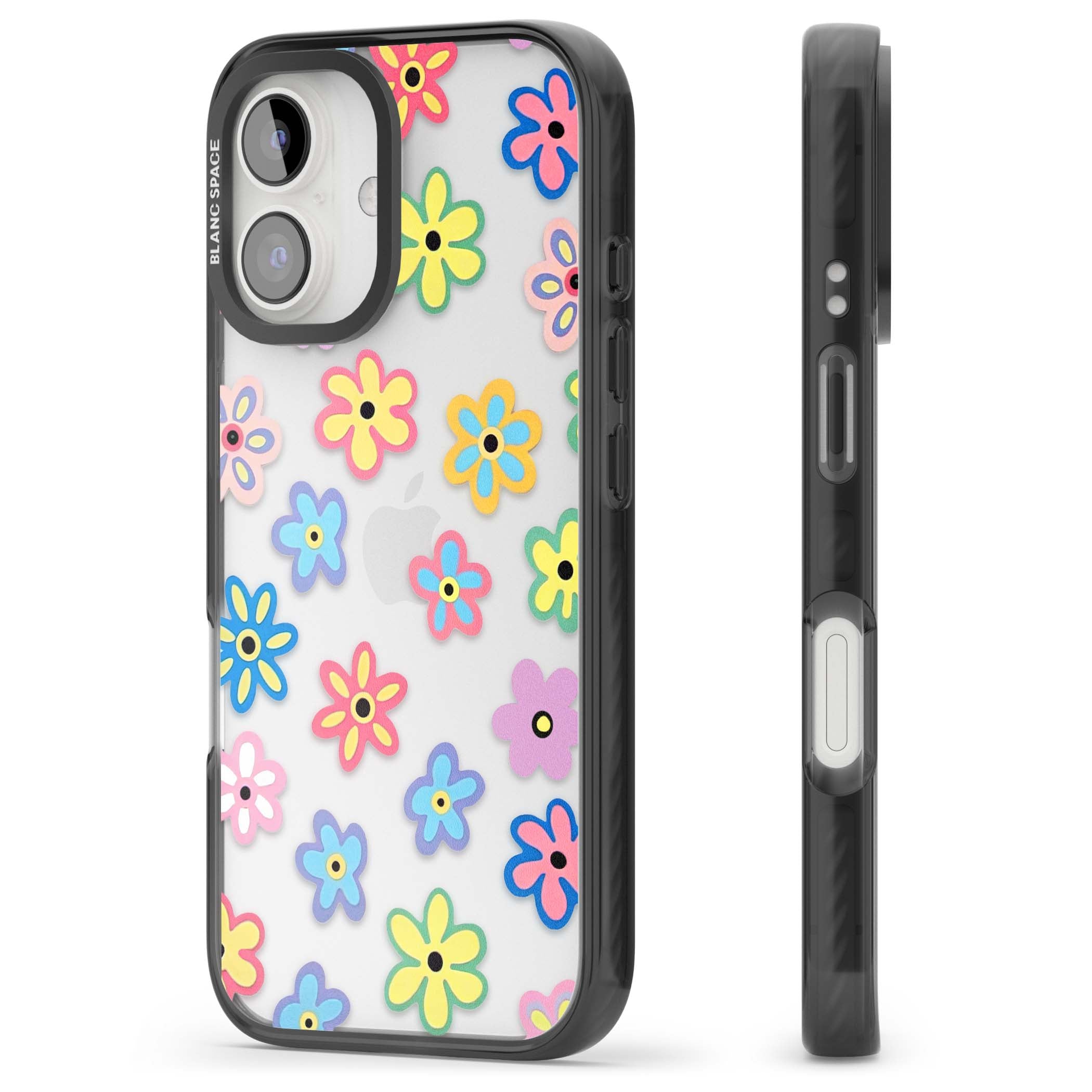 Bloom Pop cottagecore iPhone case featuring multicolor pastel flowers with black centers on clear background | Black Impact case for iPhone 16, iPhone 16 Plus