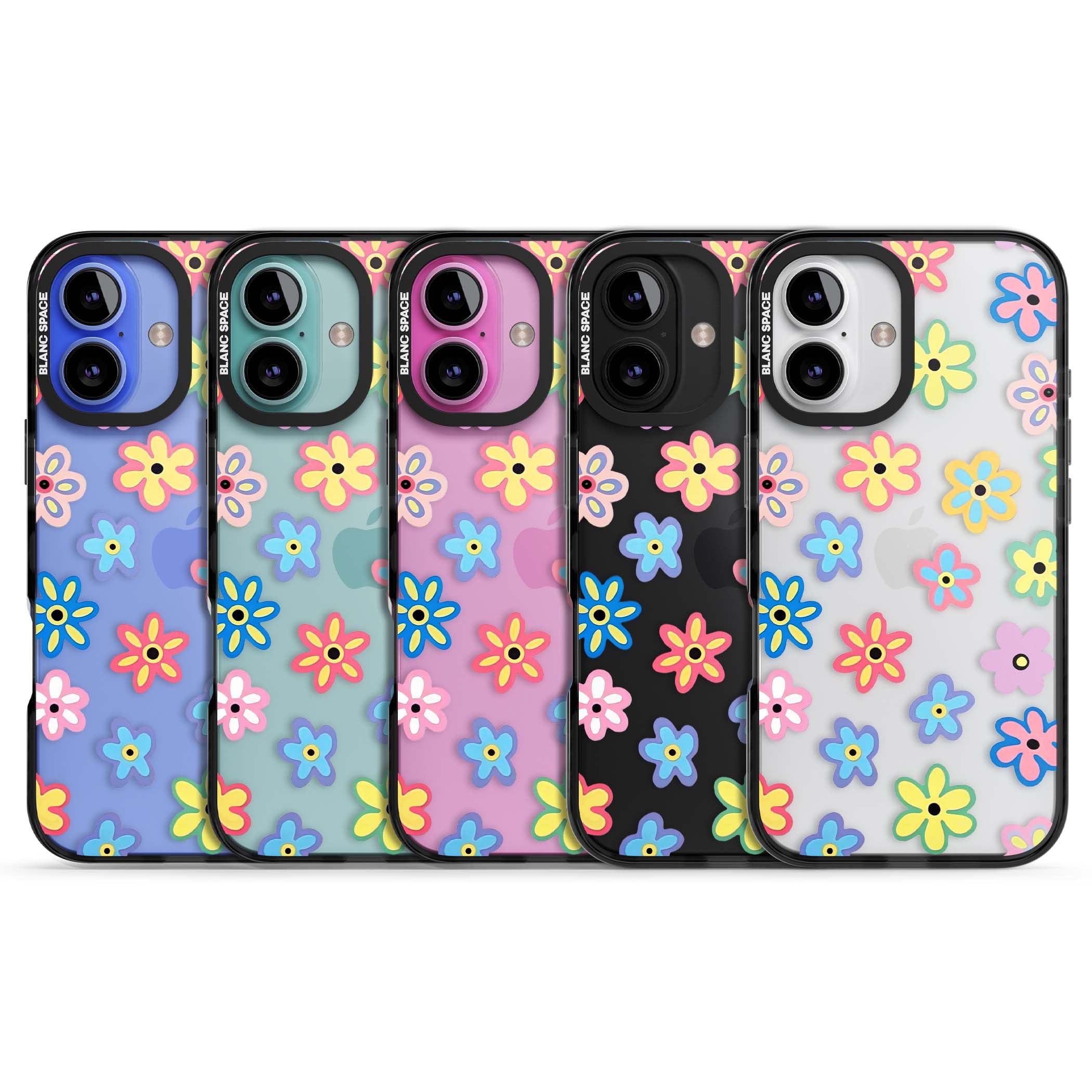 Bloom Pop cottagecore iPhone case featuring multicolor pastel flowers with black centers on clear background | Black Impact case for iPhone 16, iPhone 16 Plus