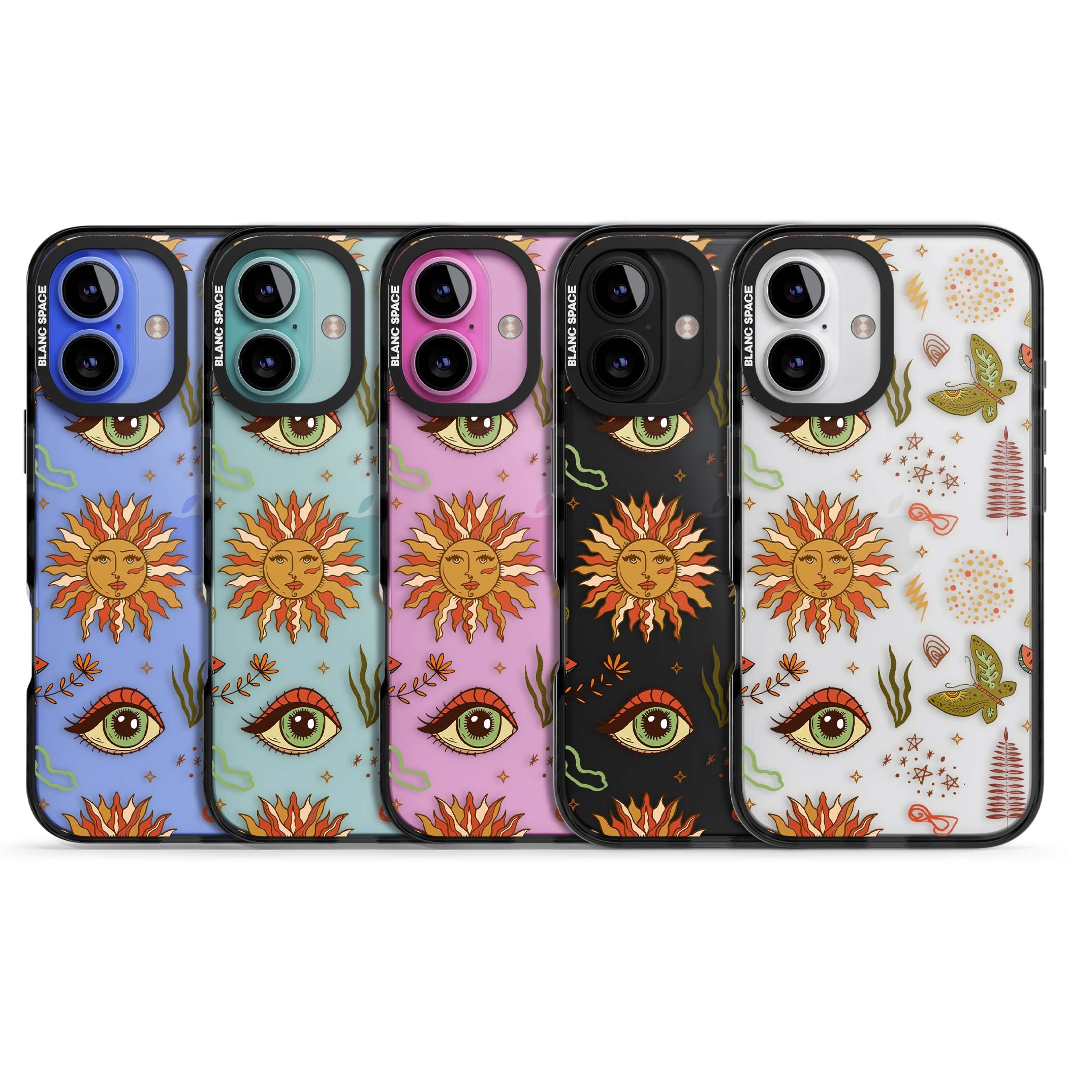 Elevate Your Phone'S Style With This Boho Celestial Sun & Eye Phone Case, Featuring A Mystical Blend Of Suns, All-Seeing Eyes, Butterflies, Stars, And