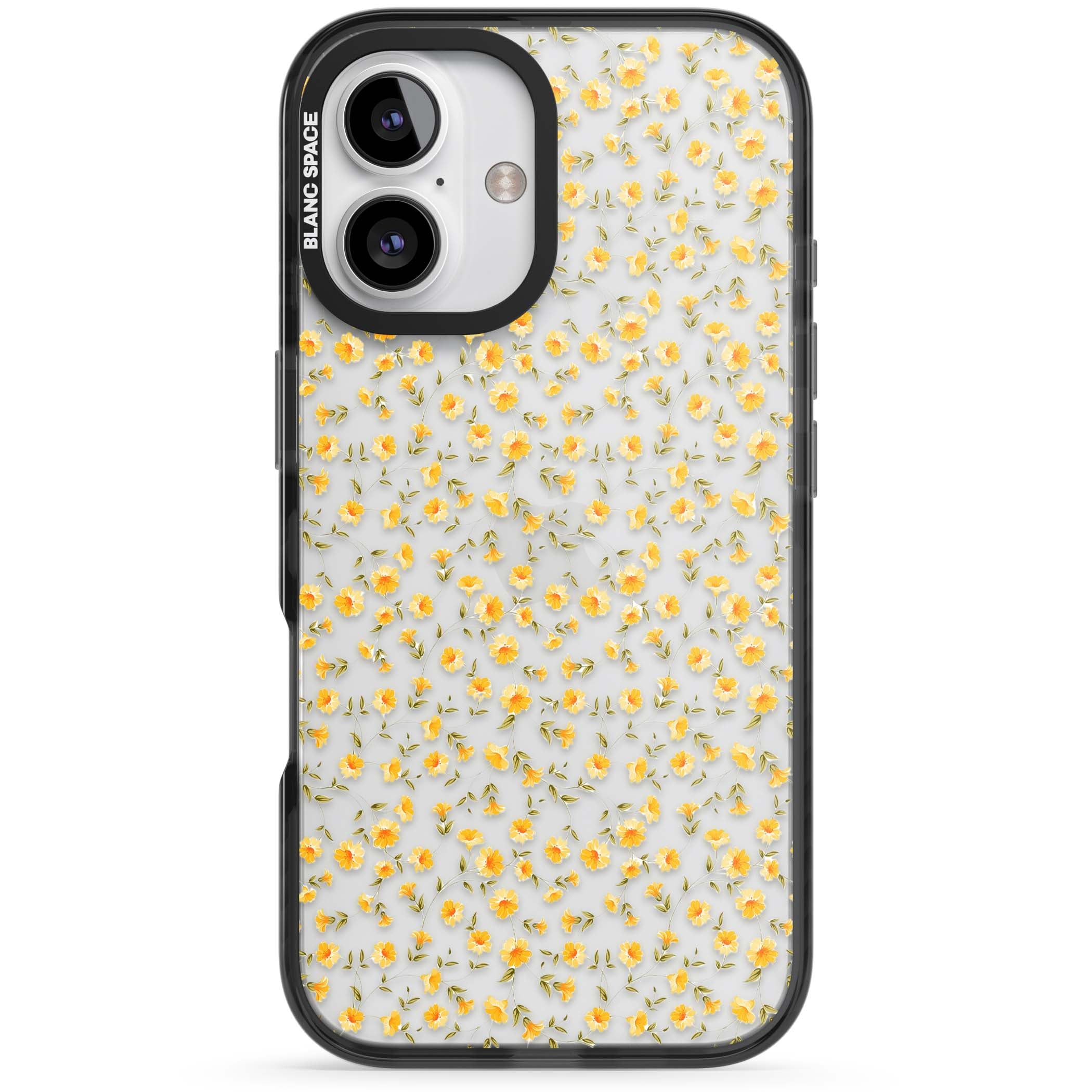Buttercup wildflower iPhone case featuring tiny yellow flowers and trailing green vines on clear | Black Impact case for iPhone 16, iPhone 16 Plus