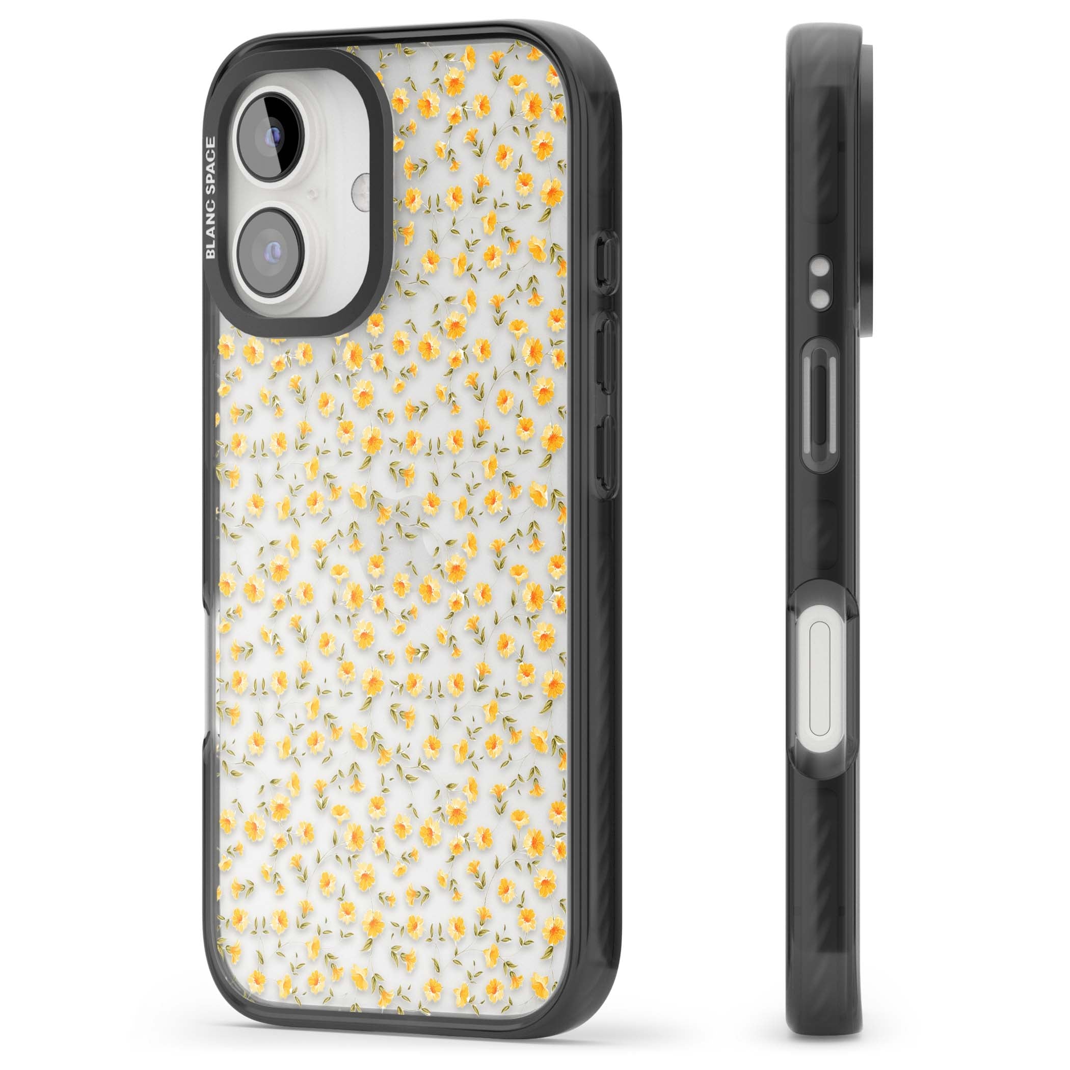 Buttercup wildflower iPhone case featuring tiny yellow flowers and trailing green vines on clear | Black Impact case for iPhone 16, iPhone 16 Plus