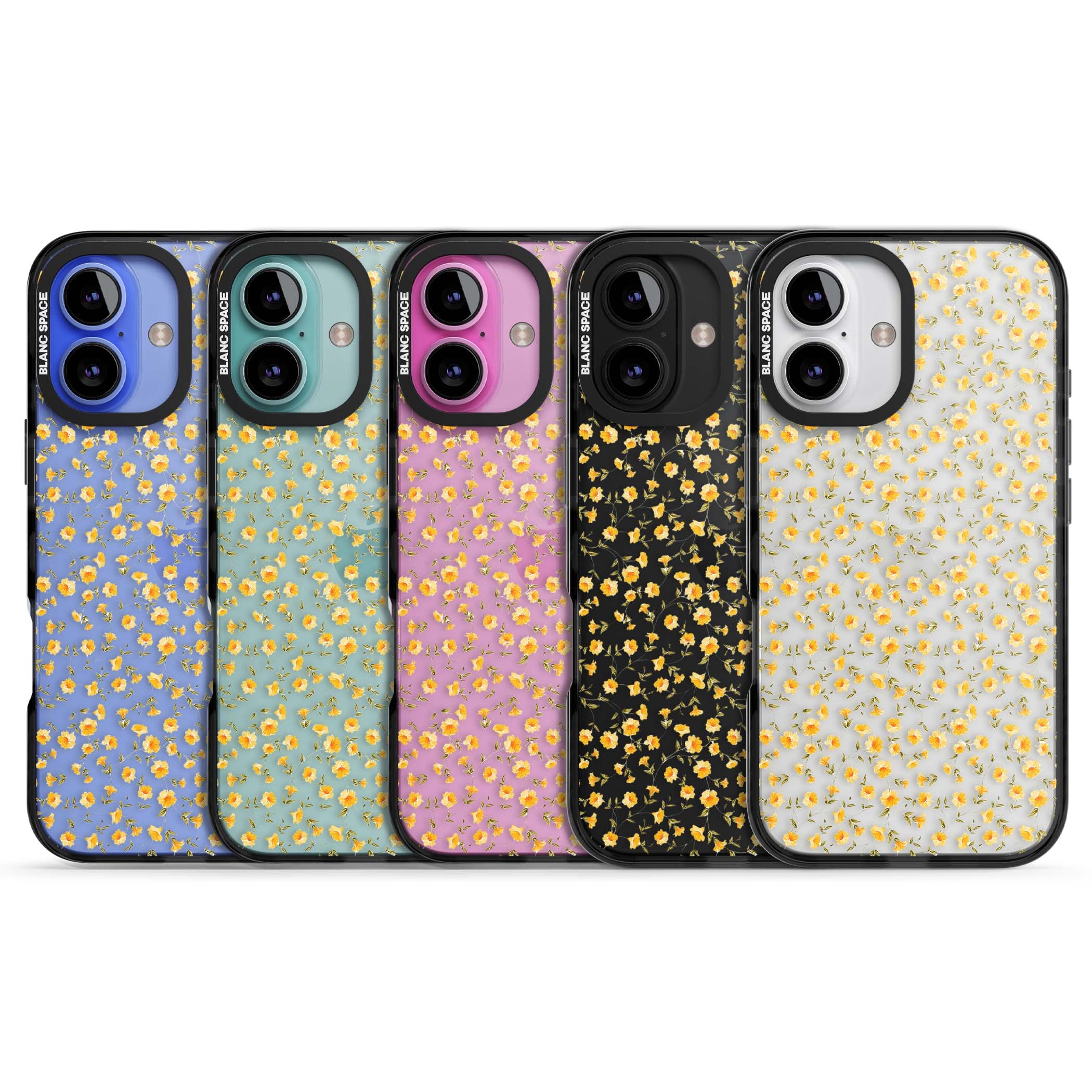 Buttercup wildflower iPhone case featuring tiny yellow flowers and trailing green vines on clear | Black Impact case for iPhone 16, iPhone 16 Plus