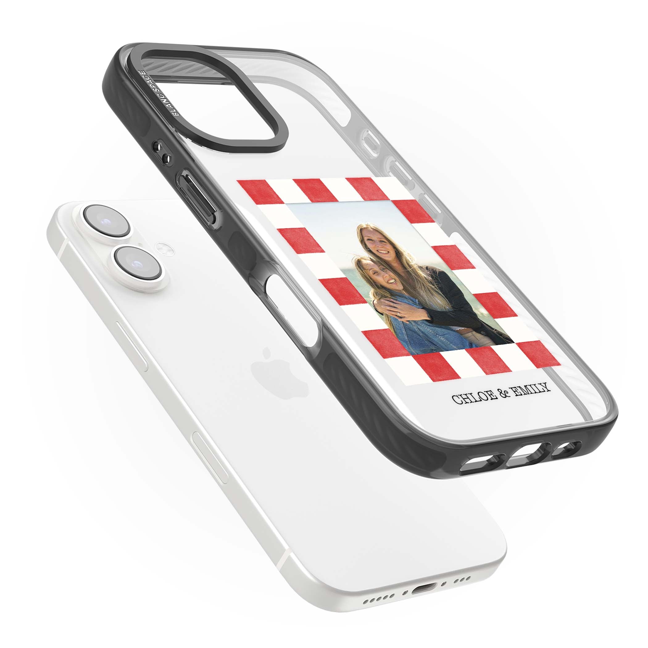 Red Check Photo personalised photo iPhone case with red and white checkered polaroid frame and custom couple name | Black Impact case for iPhone 16, iPhone 16 Plus