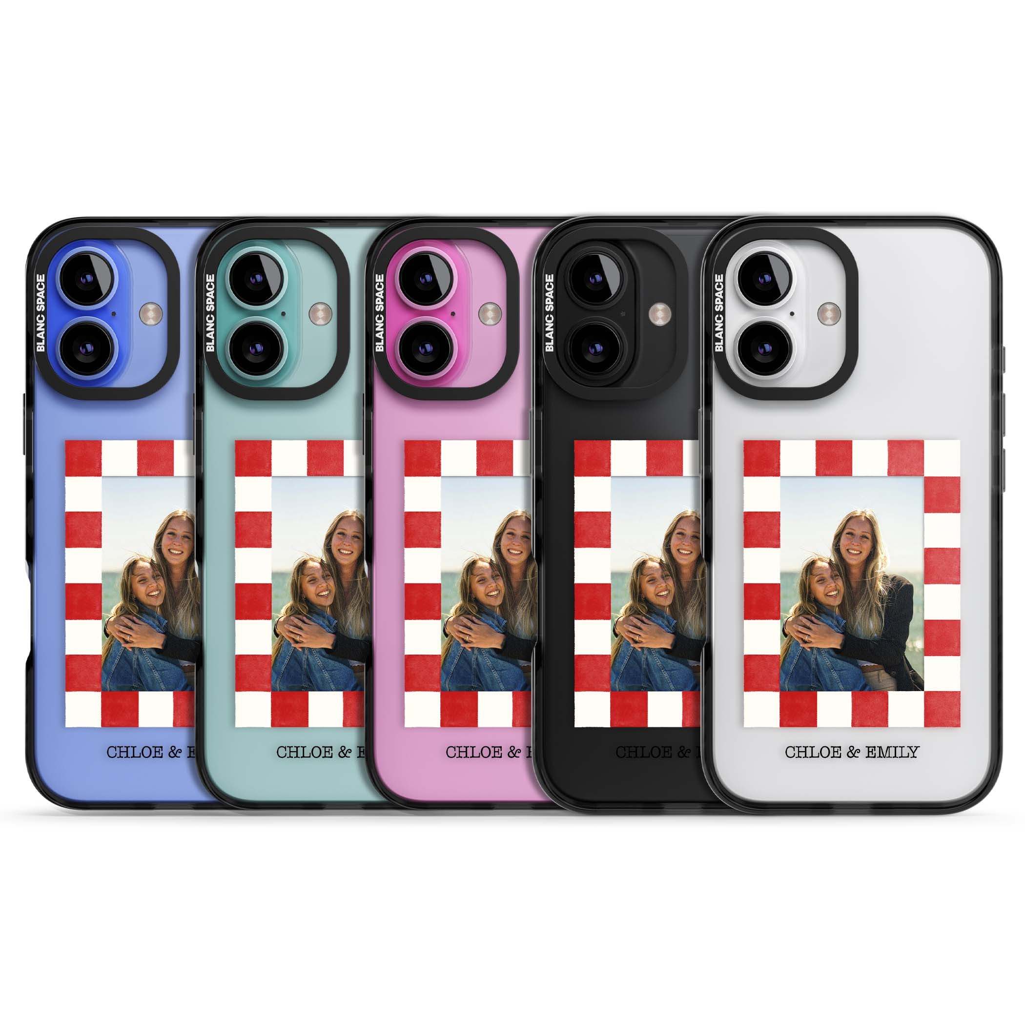 Red Check Photo personalised photo iPhone case with red and white checkered polaroid frame and custom couple name | Black Impact case for iPhone 16, iPhone 16 Plus