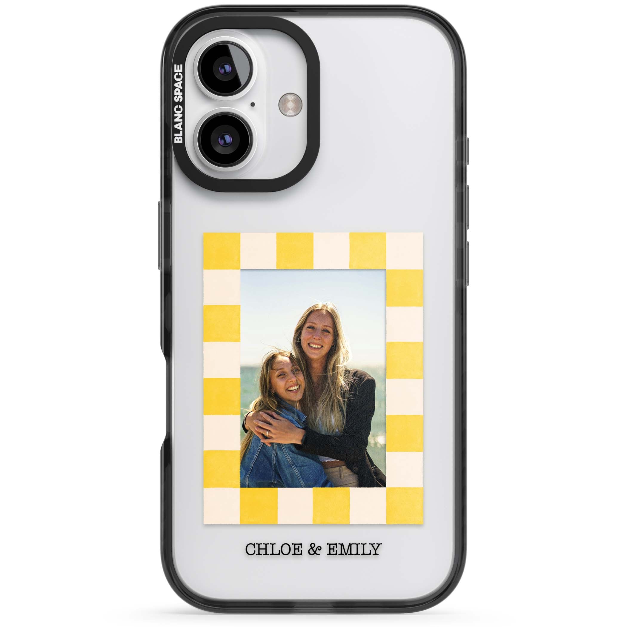 Yellow Check Photo personalised iPhone case with yellow checkered Polaroid frame and custom names beneath | Black Impact case for iPhone 16, iPhone 16 Plus