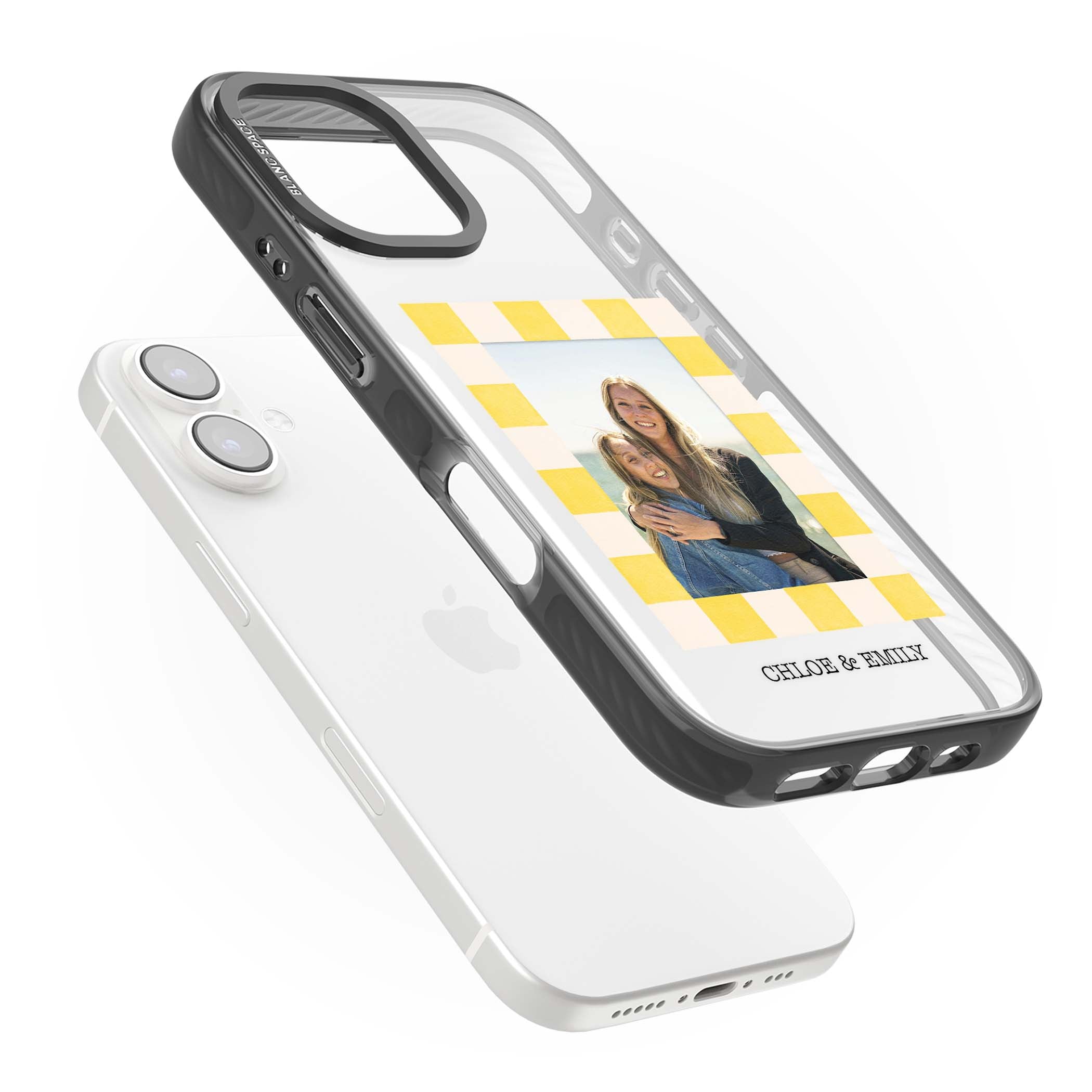 Yellow Check Photo personalised iPhone case with yellow checkered Polaroid frame and custom names beneath | Black Impact case for iPhone 16, iPhone 16 Plus