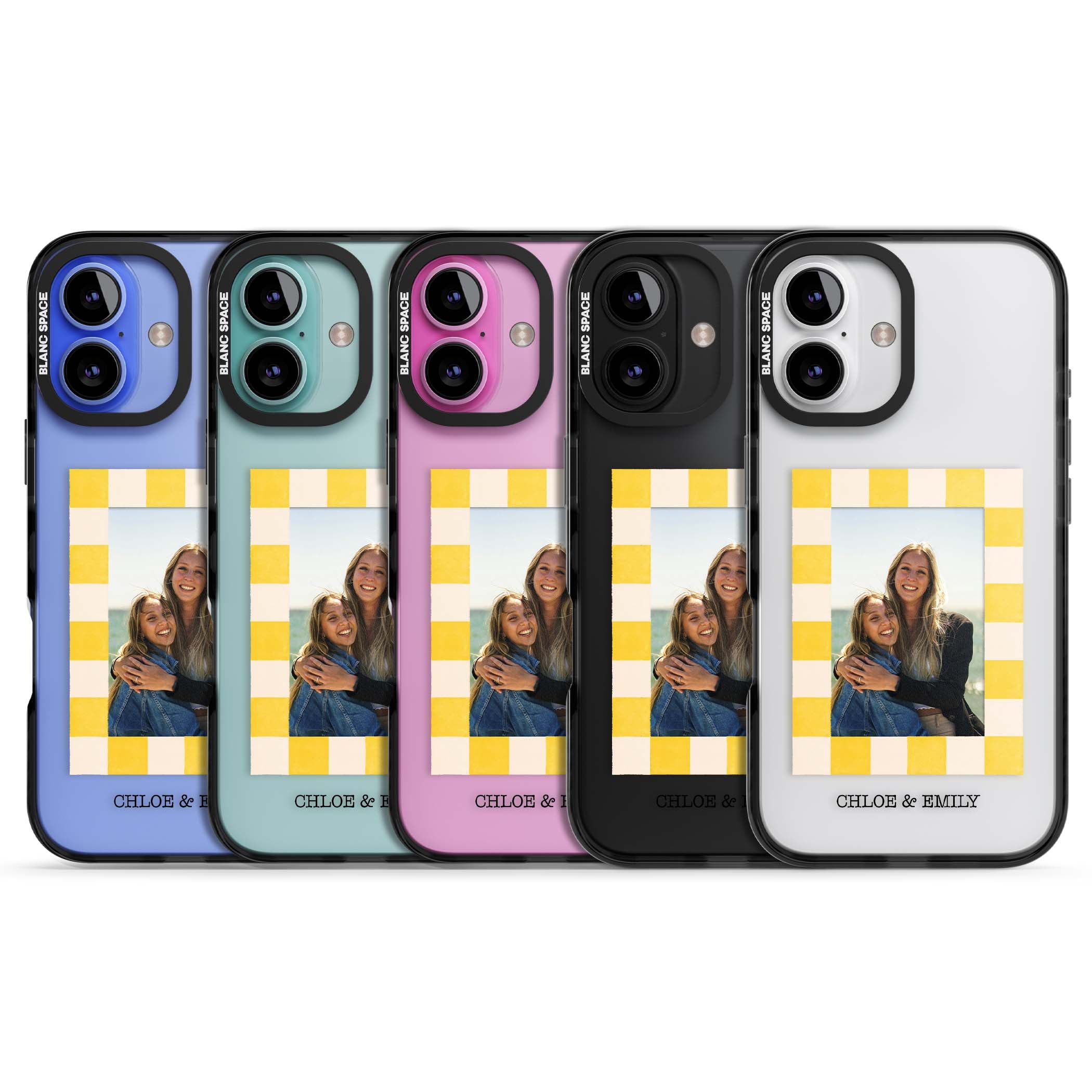 Yellow Check Photo personalised iPhone case with yellow checkered Polaroid frame and custom names beneath | Black Impact case for iPhone 16, iPhone 16 Plus