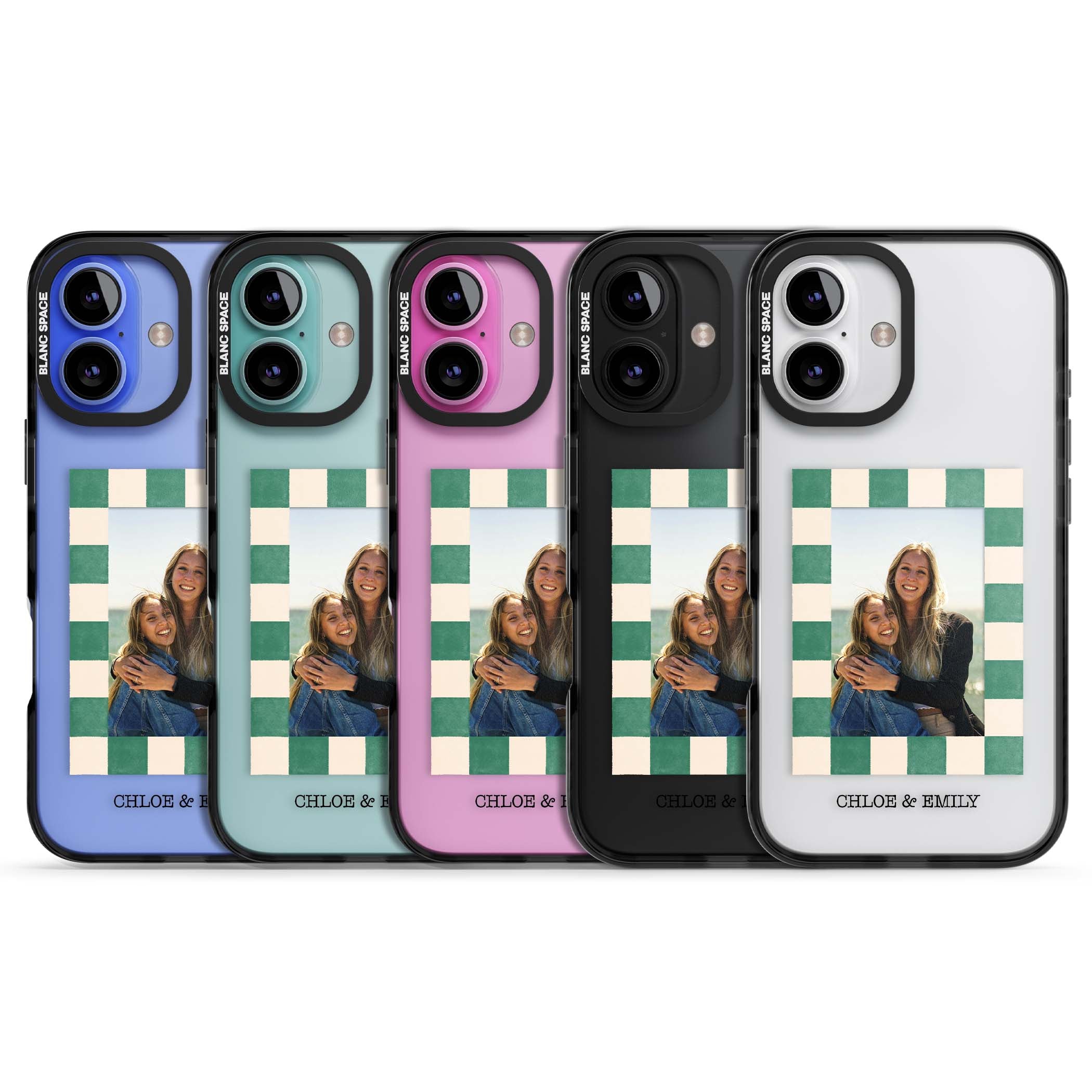 Seafoam Check Photo personalised iPhone case featuring a custom polaroid photo, green and cream checkered frame, and custom n | Black Impact case for iPhone 16, iPhone 16 Plus