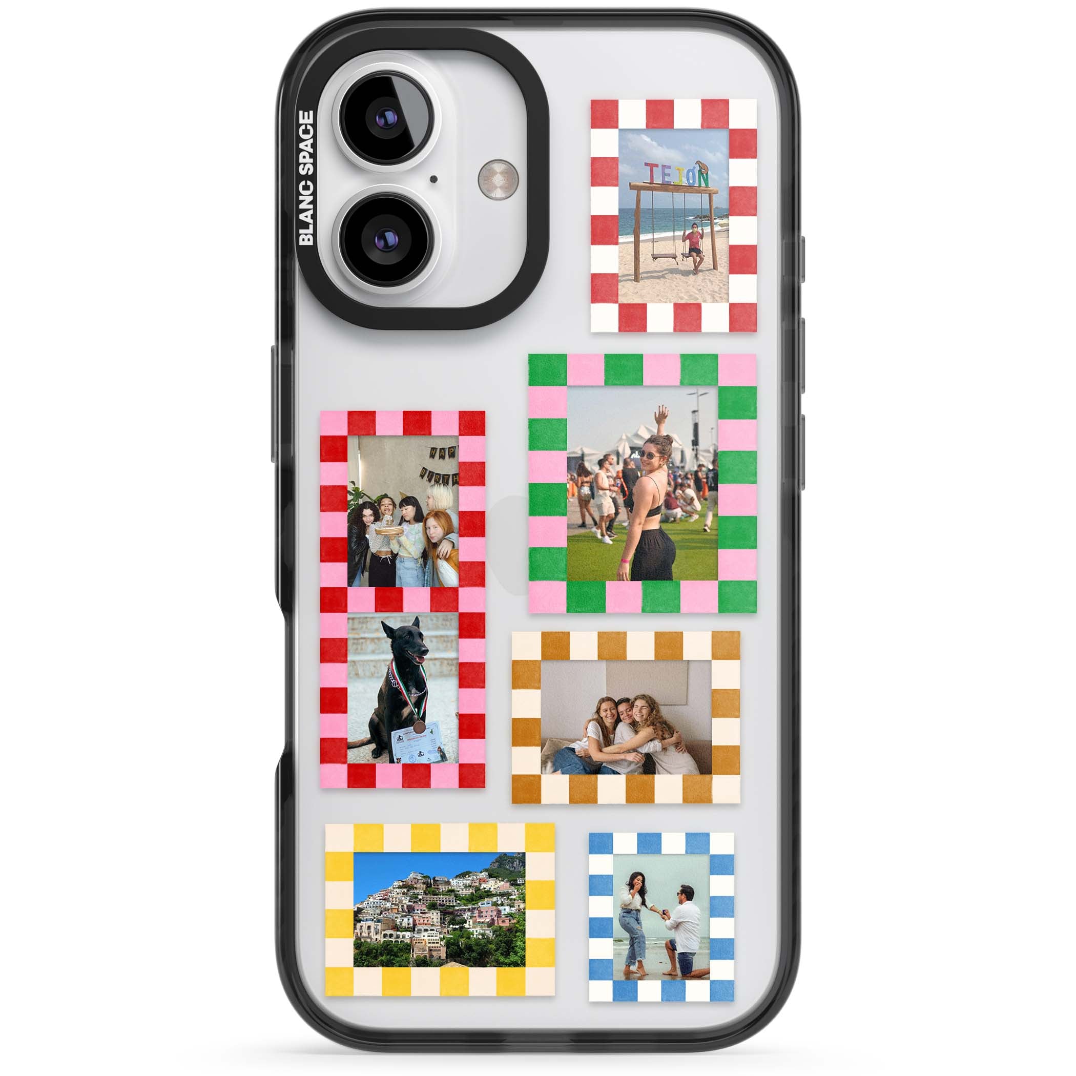 Italian Check Frames custom photo collage iPhone case featuring six checkered photo frames in red, green, pink and | Black Impact case for iPhone 16, iPhone 16 Plus