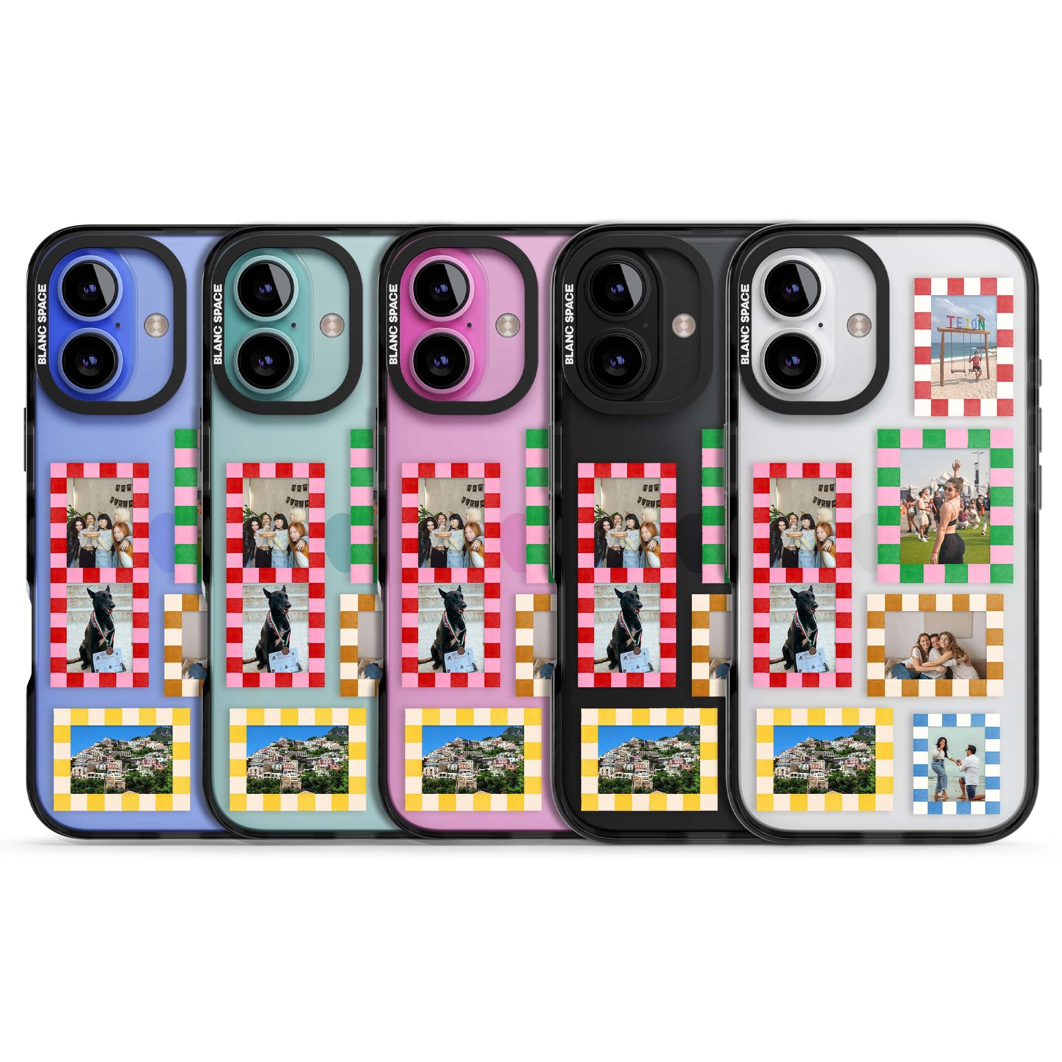 Italian Check Frames custom photo collage iPhone case featuring six checkered photo frames in red, green, pink and | Black Impact case for iPhone 16, iPhone 16 Plus