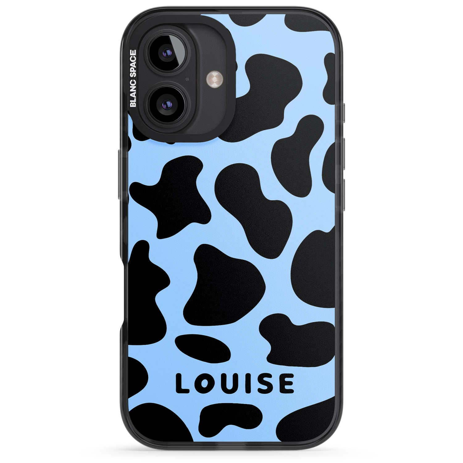 iPhone 16 Pro Max Personalised Blue and Black Cow Print Black Impact Phone Case