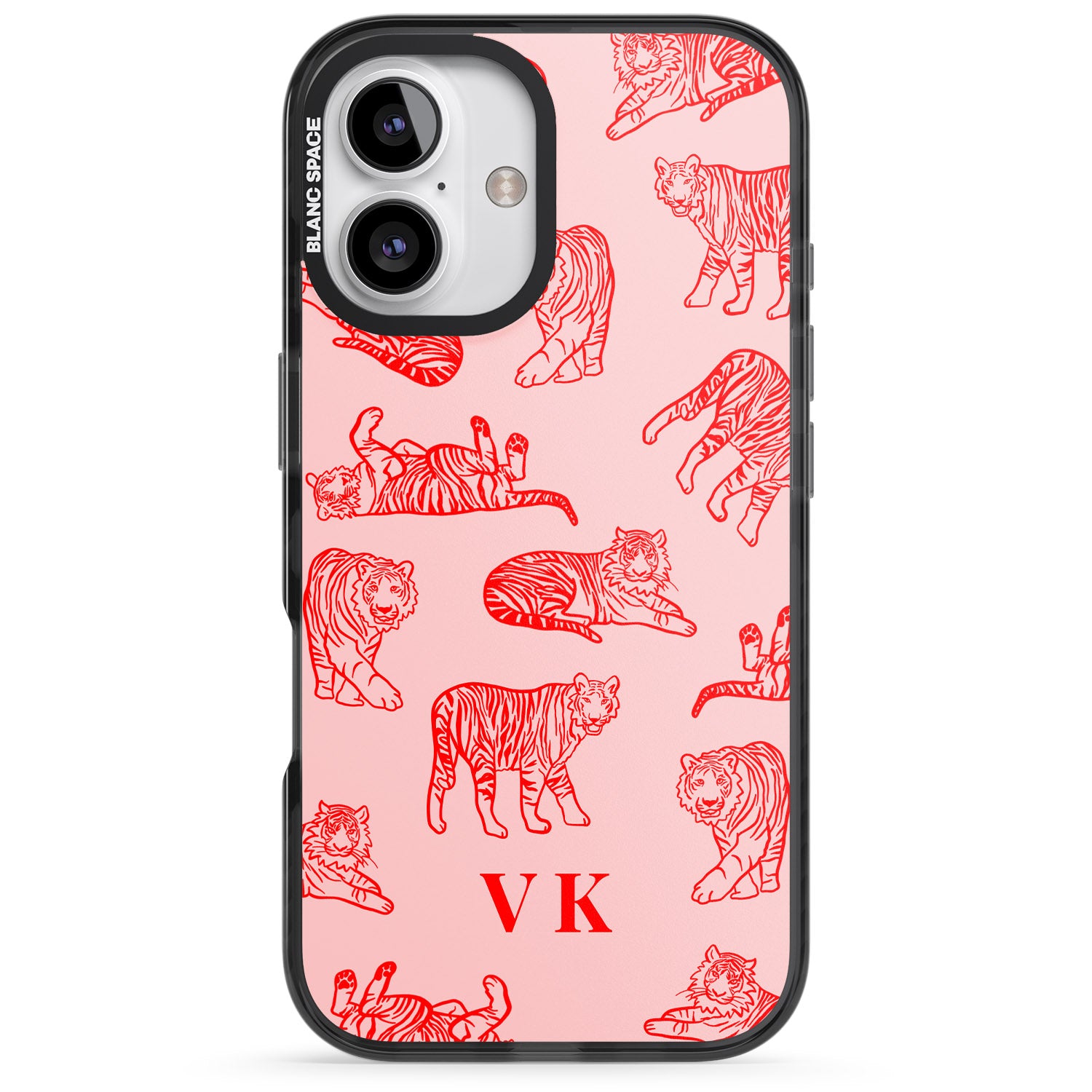 iPhone 16 Pro Max Personalised Red Tiger Outlines on Pink Black Impact Phone Case