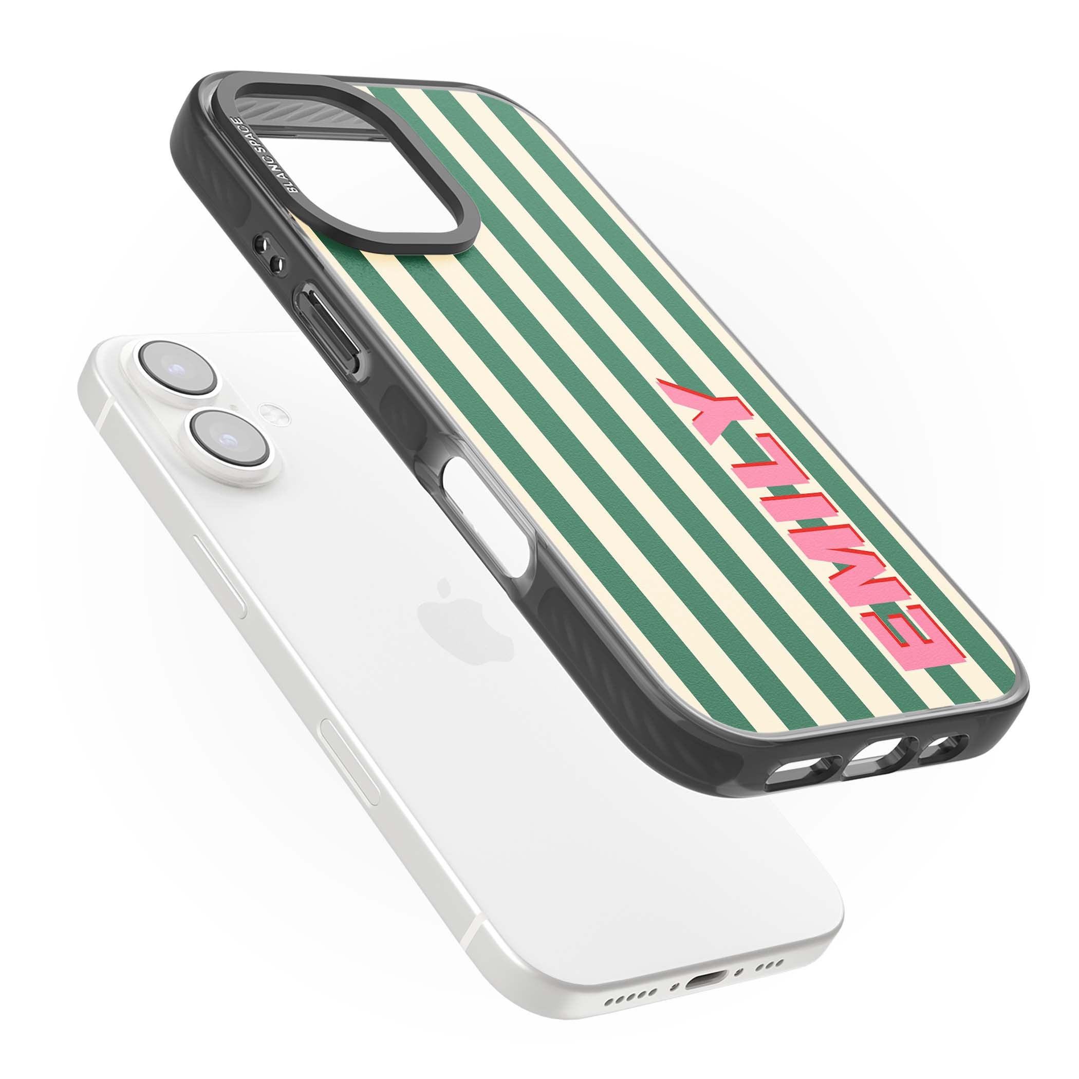 Wimbledon Stripe preppy iPhone case featuring green and cream vertical stripes with a personalised pink name | Black Impact case for iPhone 16, iPhone 16 Plus