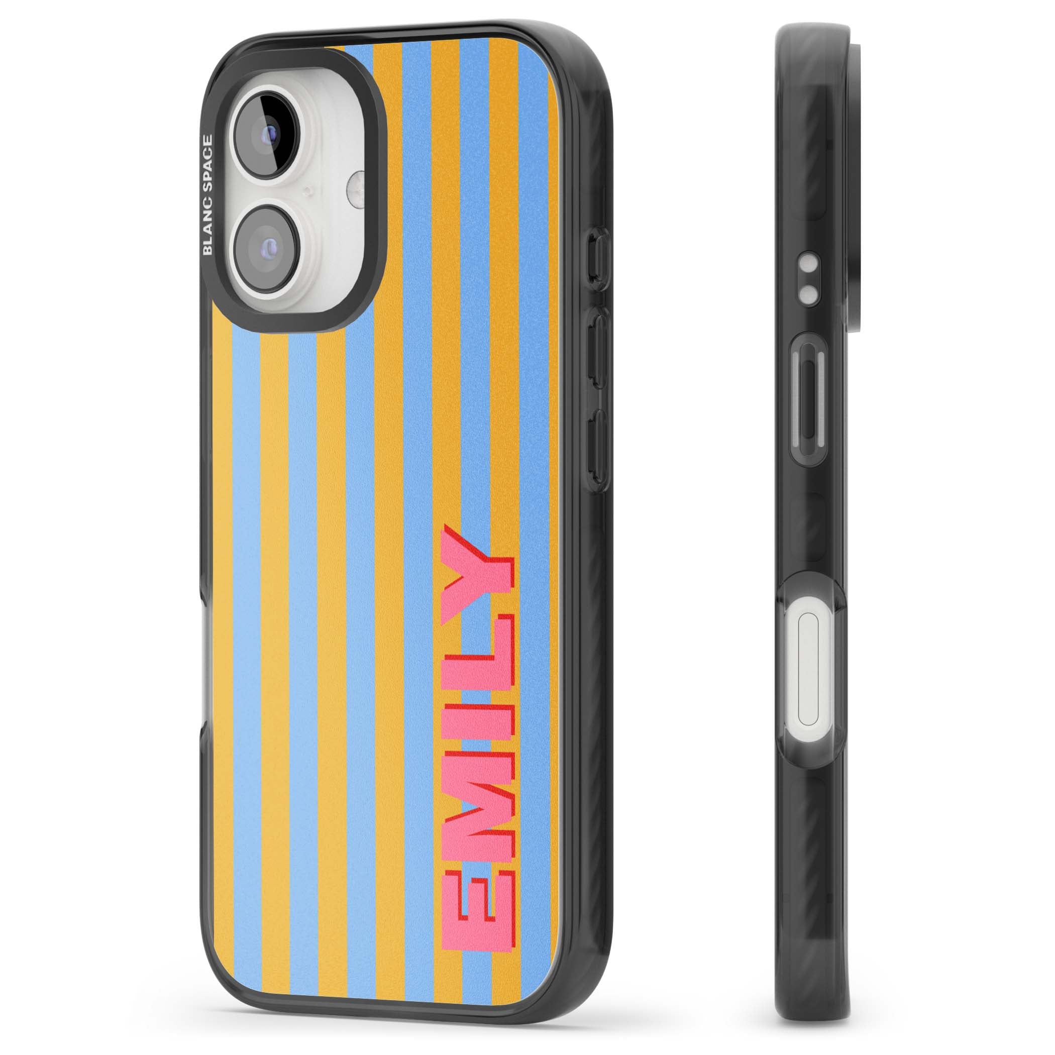 Carribean Stripe personalised coastal iPhone case with yellow and blue vertical stripes and a custom pink name | Black Impact case for iPhone 16, iPhone 16 Plus