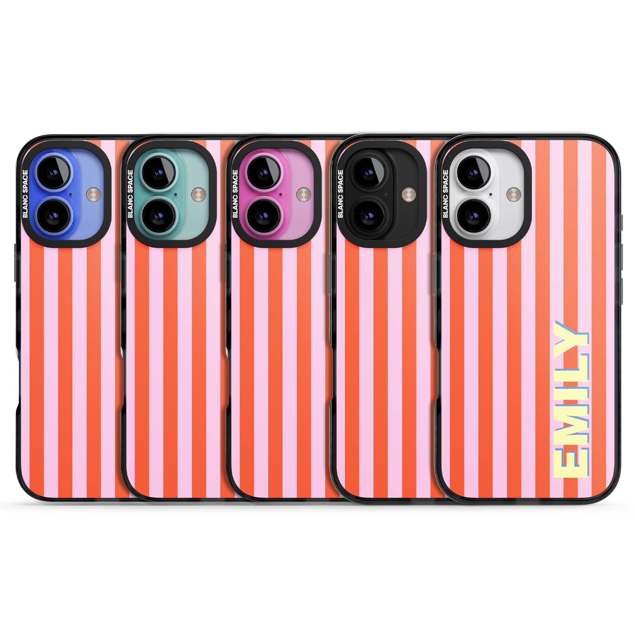 Havana Stripe personalised iPhone case featuring pink and orange vertical stripes with a custom yellow name | Black Impact case for iPhone 16, iPhone 16 Plus