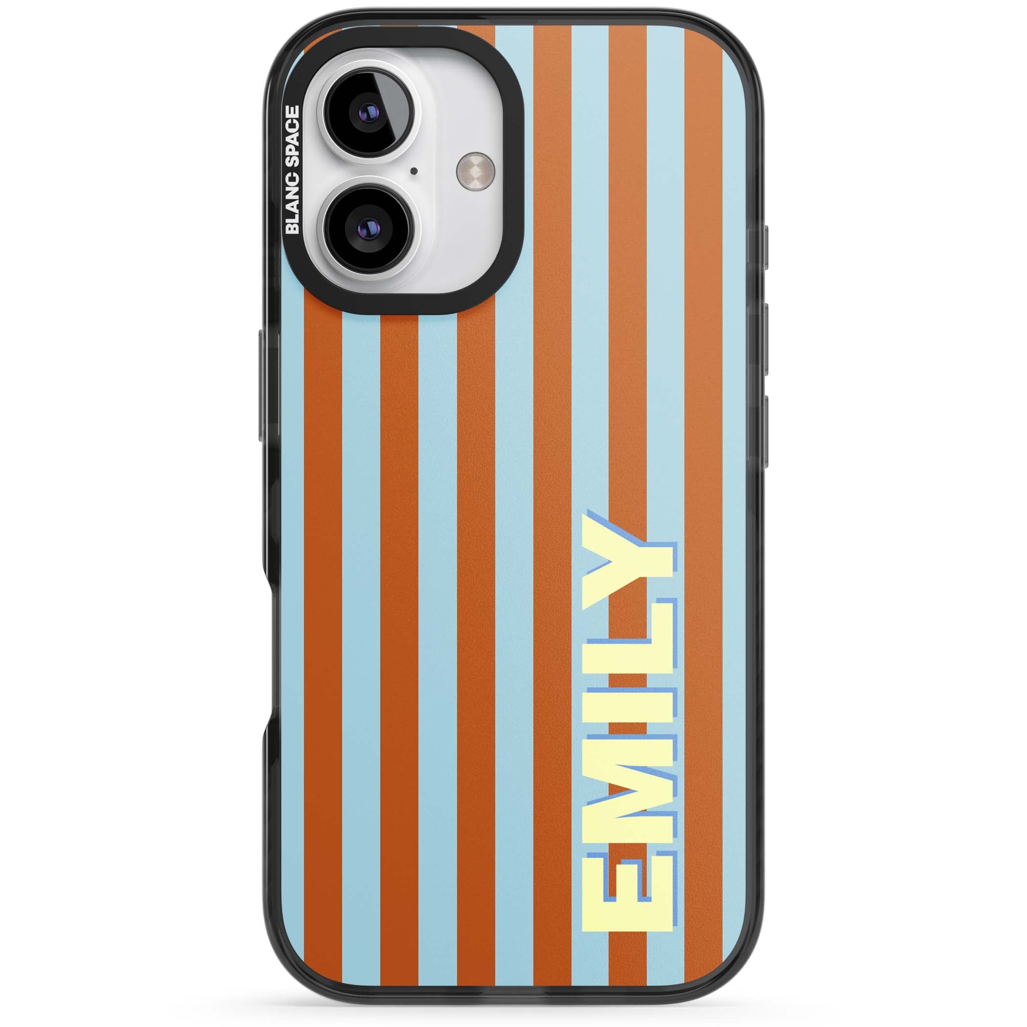 Cappadocia Stripe personalised coastal iPhone case featuring blue and orange vertical stripes with custom cream name | Black Impact case for iPhone 16, iPhone 16 Plus