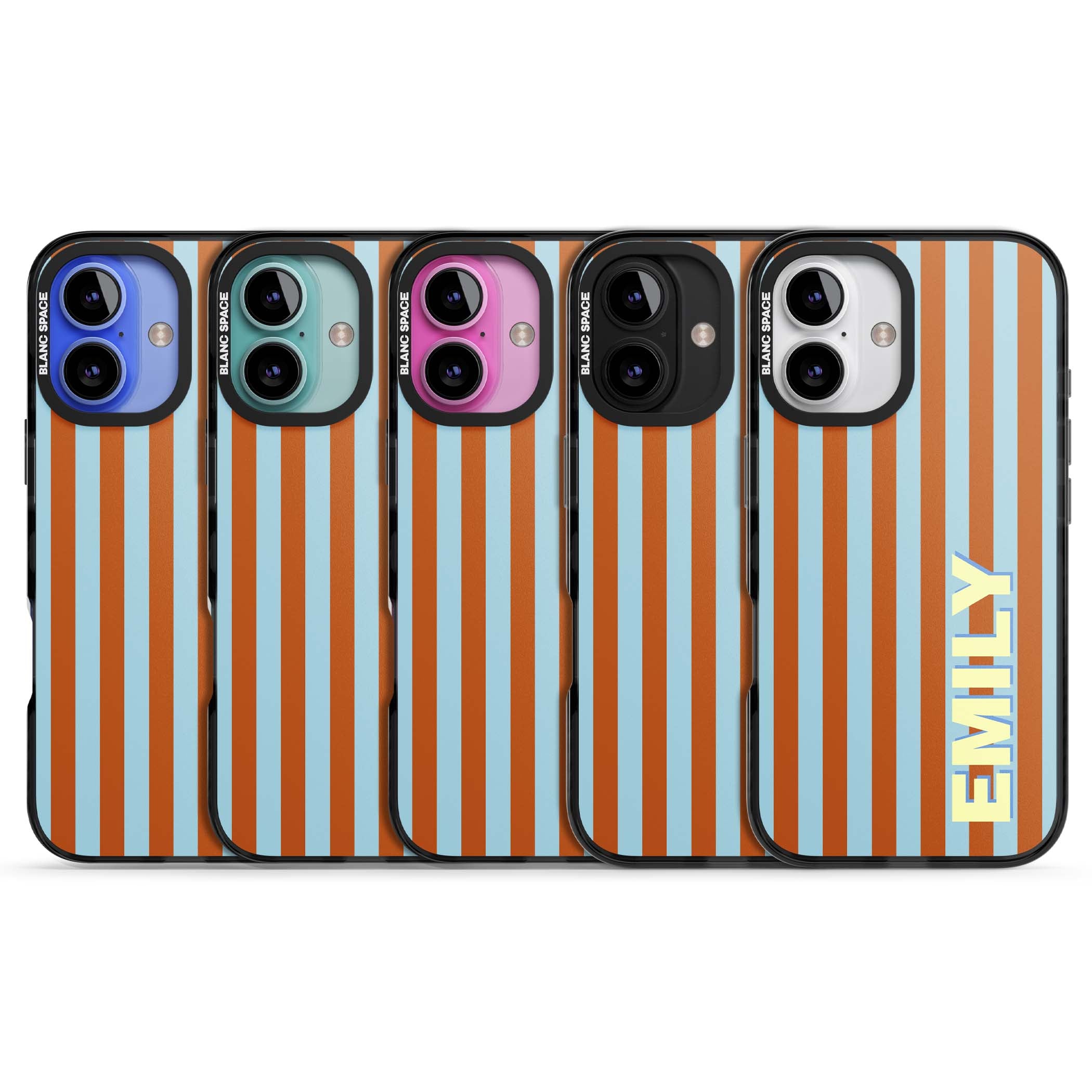 Cappadocia Stripe personalised coastal iPhone case featuring blue and orange vertical stripes with custom cream name | Black Impact case for iPhone 16, iPhone 16 Plus
