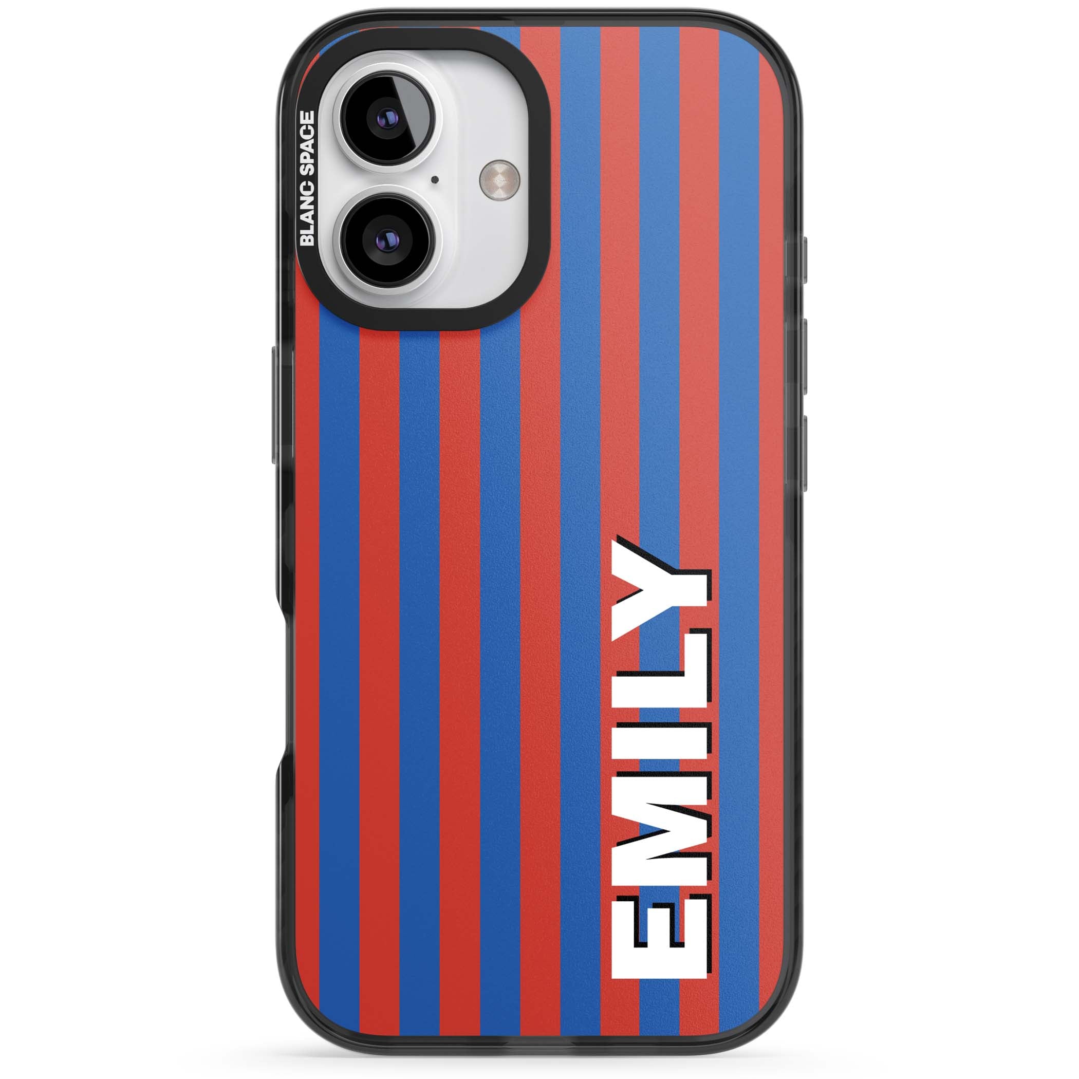 Cuban Stripe personalised iPhone case featuring red and blue vertical stripes with custom name in bold white letters | Black Impact case for iPhone 16, iPhone 16 Plus