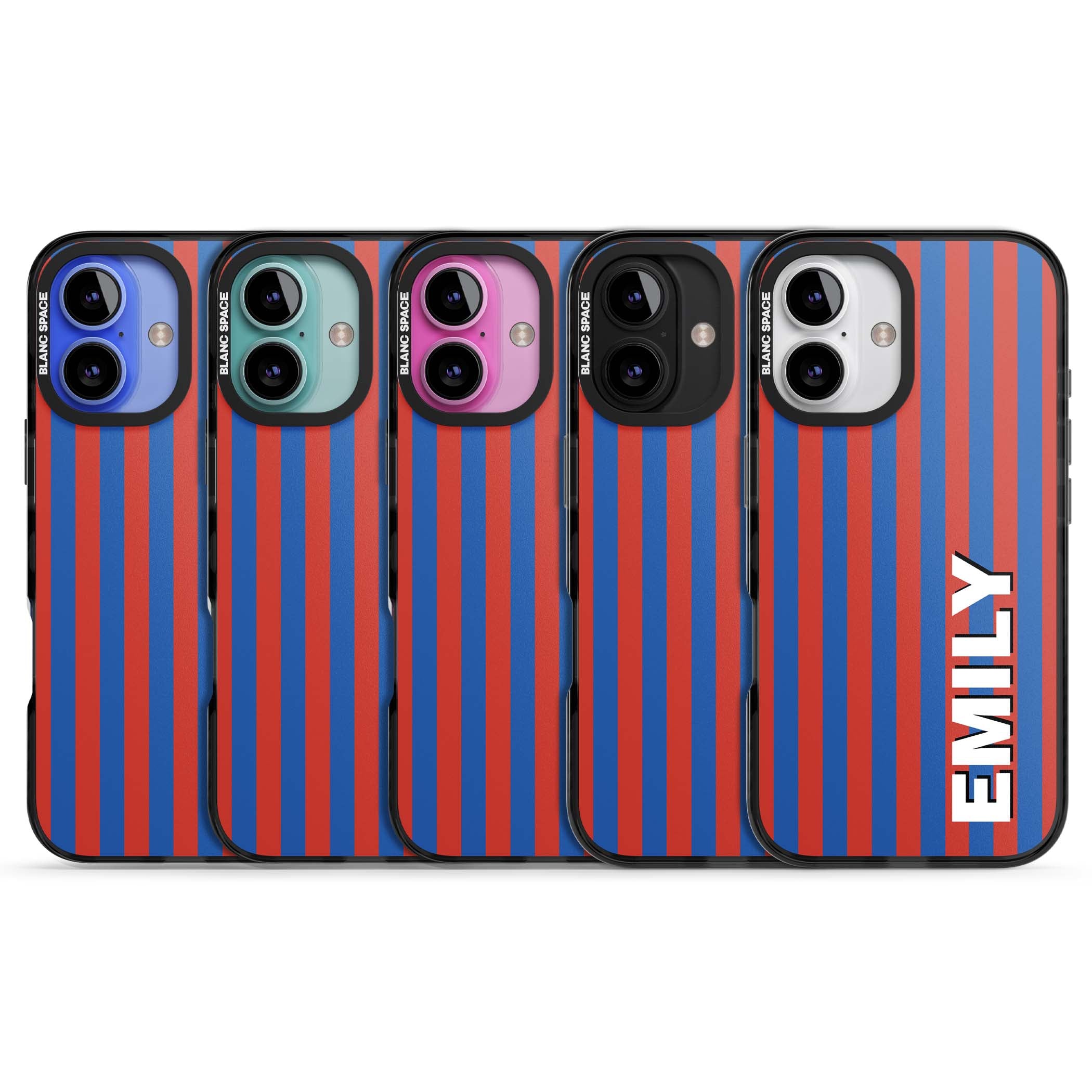Cuban Stripe personalised iPhone case featuring red and blue vertical stripes with custom name in bold white letters | Black Impact case for iPhone 16, iPhone 16 Plus