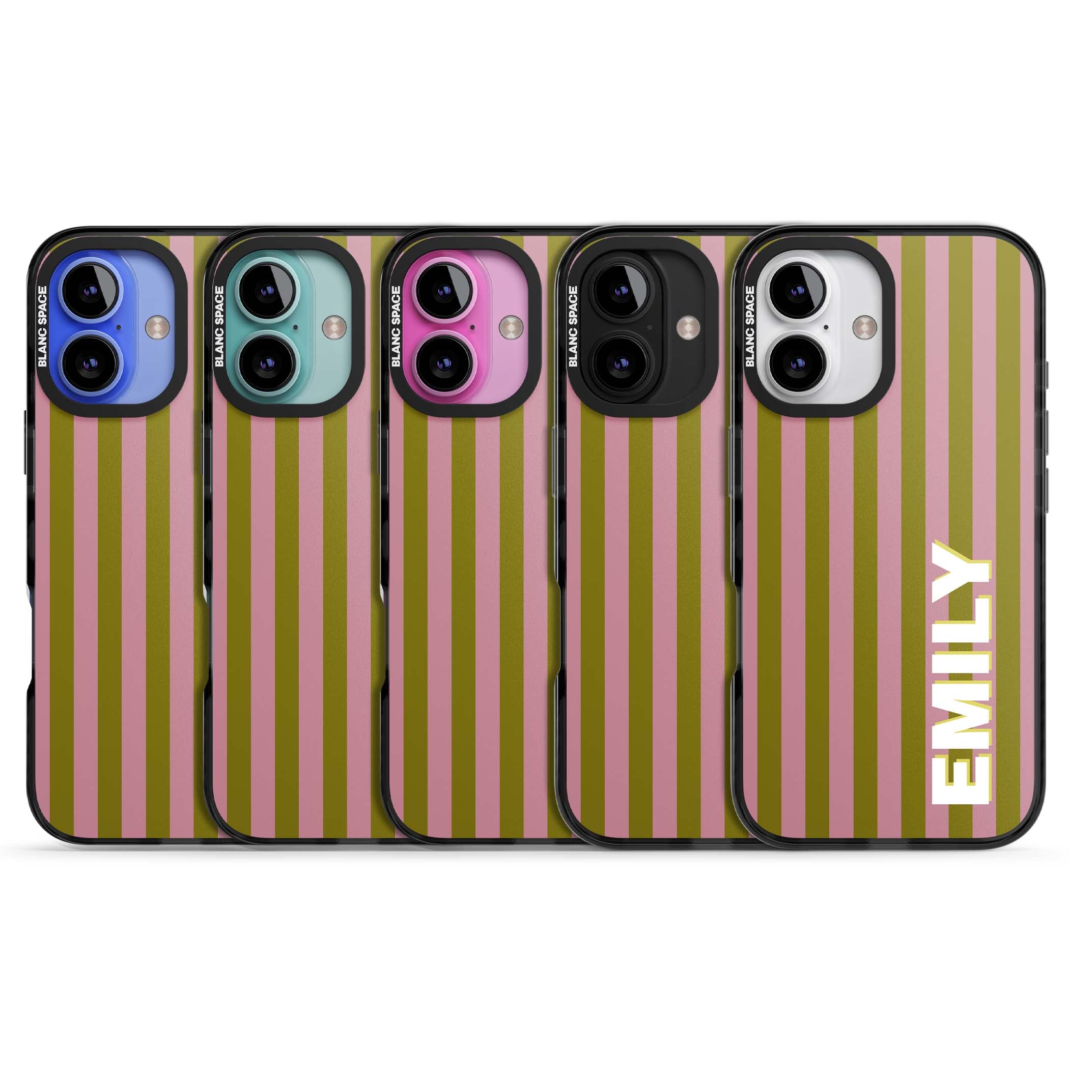 Istanbul Stripe personalised iPhone case featuring pink and olive green vertical stripes with a custom vertical name | Black Impact case for iPhone 16, iPhone 16 Plus