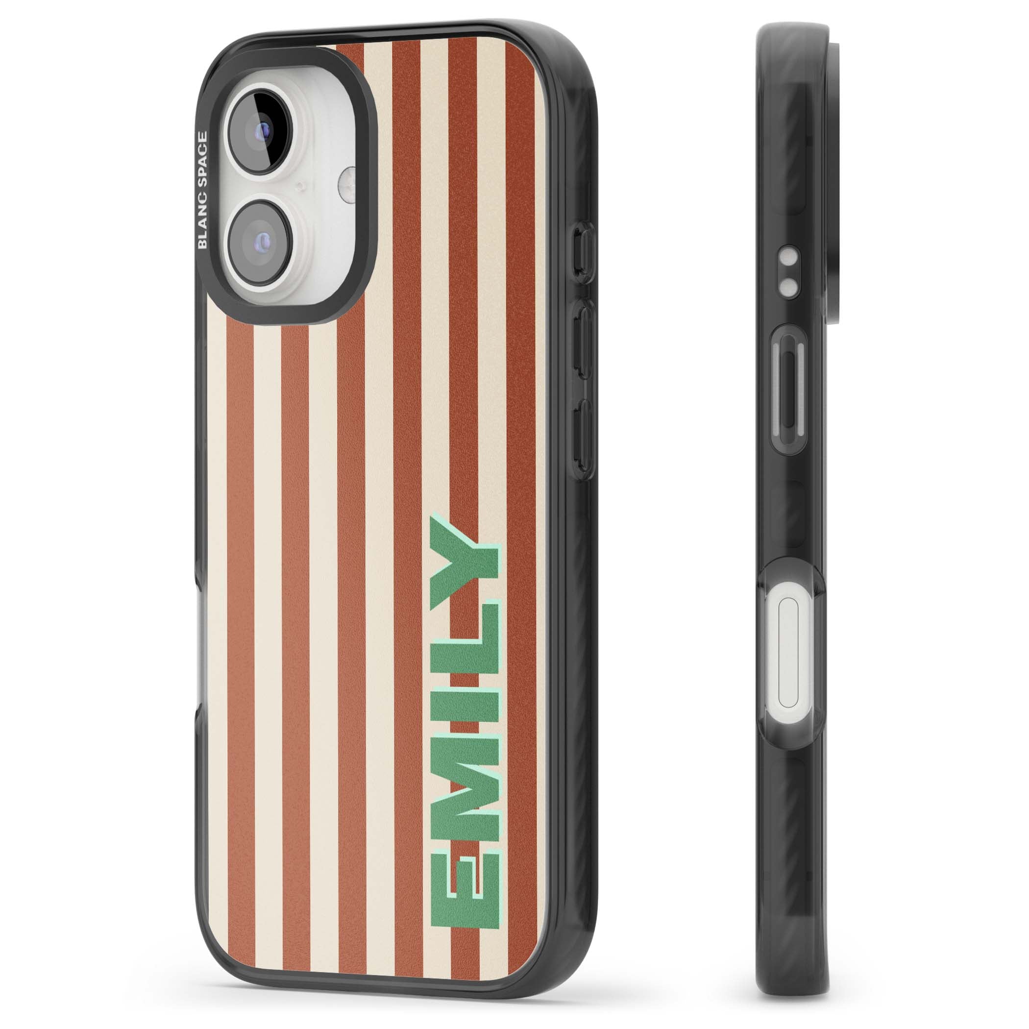 Dune Stripe personalised iPhone case with rust and cream vertical stripes and custom name in mint green | Black Impact case for iPhone 16, iPhone 16 Plus