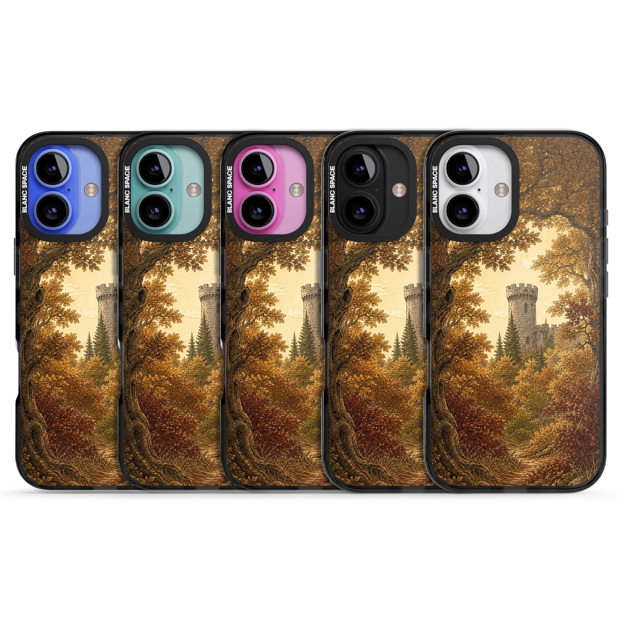 Autumn Keep cottagecore iPhone case featuring a medieval castle tower framed by golden autumn trees and woodland foliage | Black Impact case for iPhone 16, iPhone 16 Plus