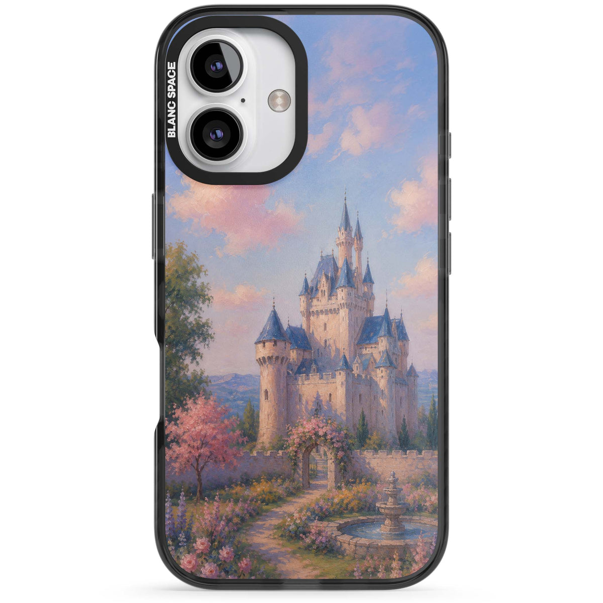 Enchanted Kingdom fairytale iPhone case featuring a romantic castle painting with cherry blossoms and pastel pink sky | Black Impact case for iPhone 16, iPhone 16 Plus