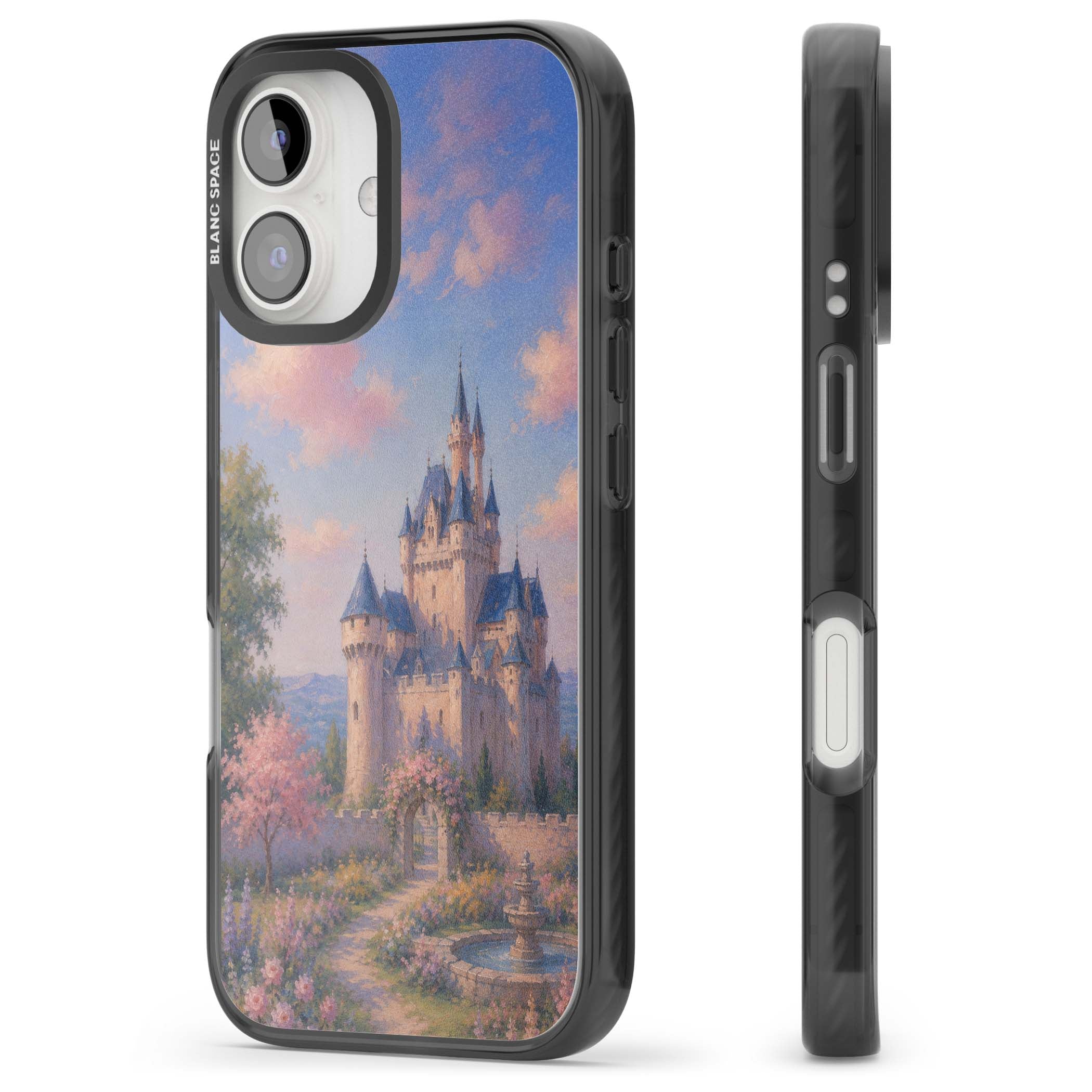 Enchanted Kingdom fairytale iPhone case featuring a romantic castle painting with cherry blossoms and pastel pink sky | Black Impact case for iPhone 16, iPhone 16 Plus