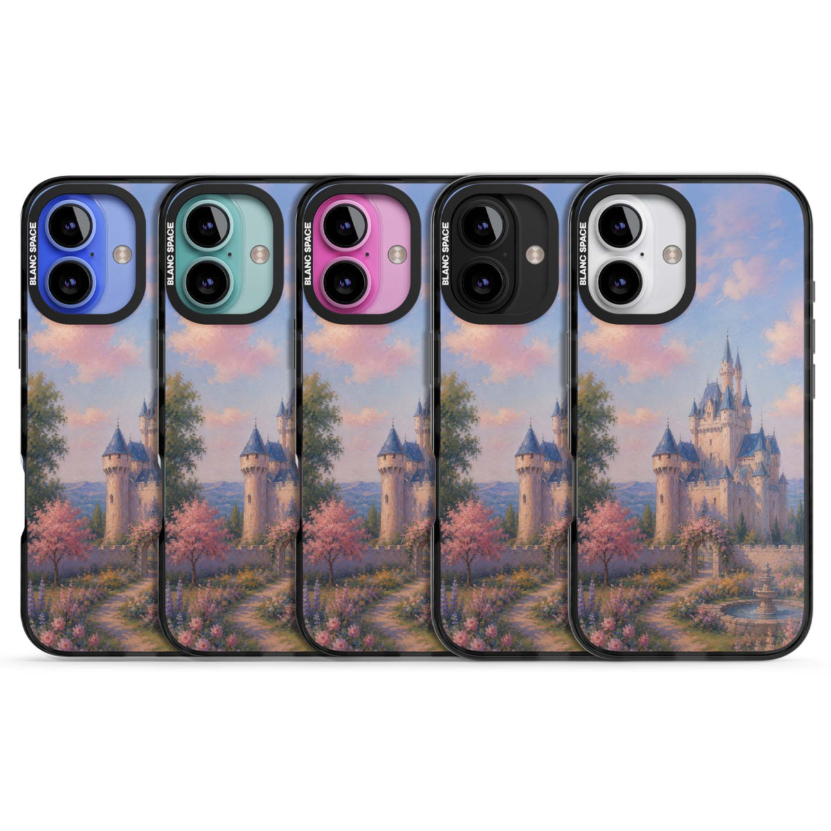 Enchanted Kingdom fairytale iPhone case featuring a romantic castle painting with cherry blossoms and pastel pink sky | Black Impact case for iPhone 16, iPhone 16 Plus