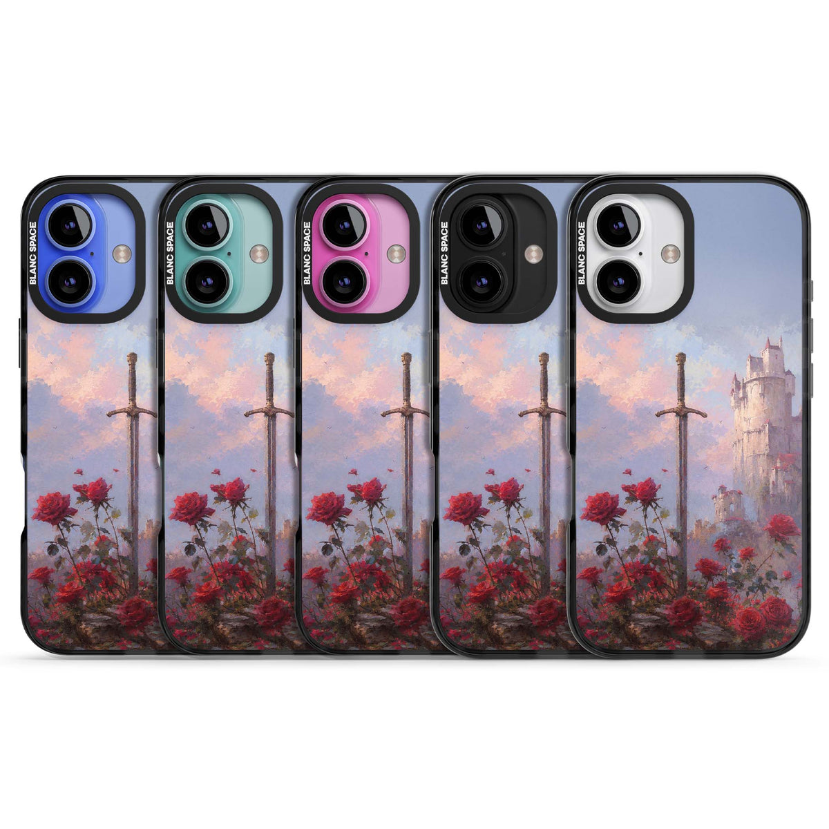 Sword in Roses medieval art iPhone case featuring a sword, red roses, and a misty fairytale castle at sunset | Black Impact case for iPhone 16, iPhone 16 Plus