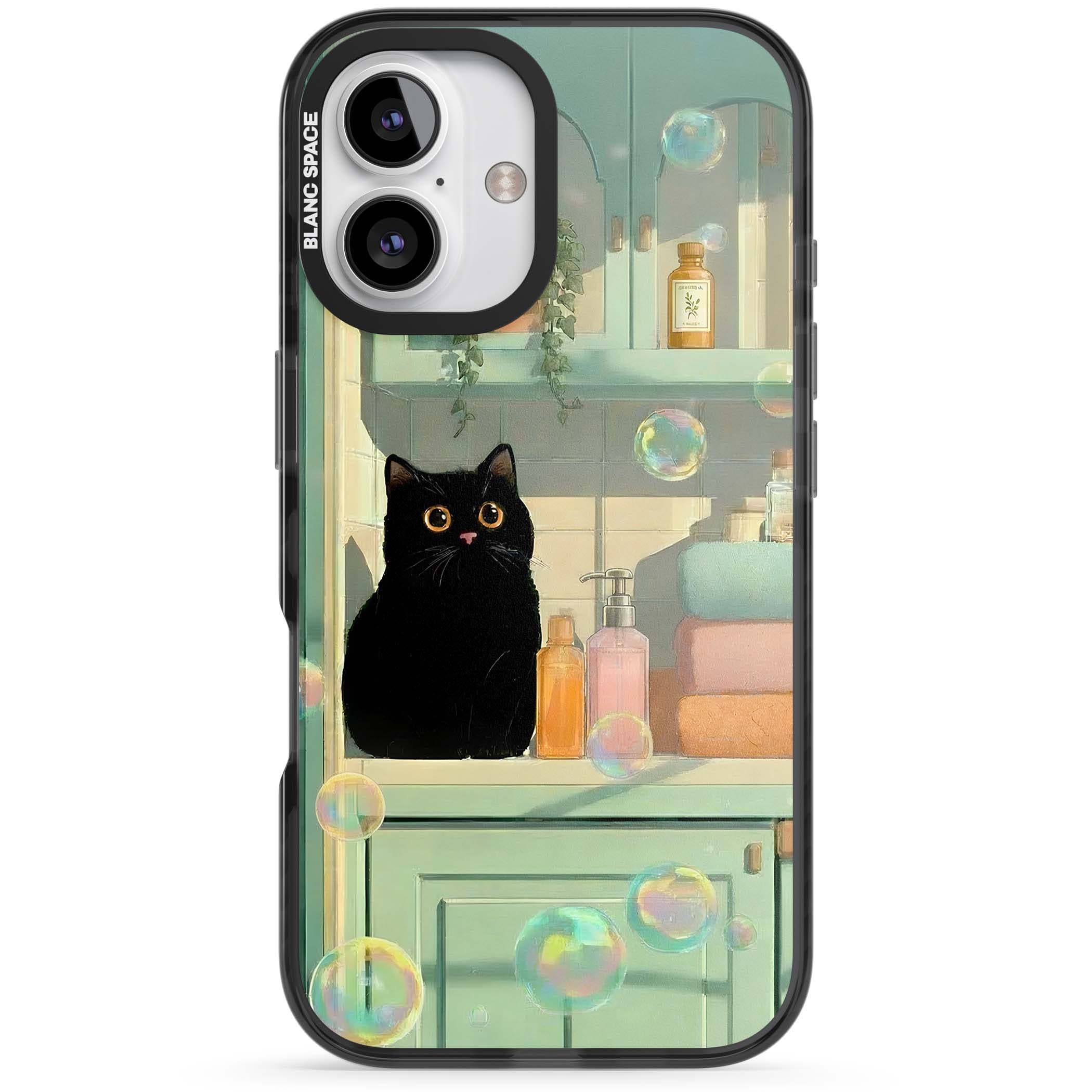 Bathroom Bubble Kitty cottagecore iPhone case featuring a black cat, mint bathroom scene and floating soap bubbles | Black Impact case for iPhone 16, iPhone 16 Plus