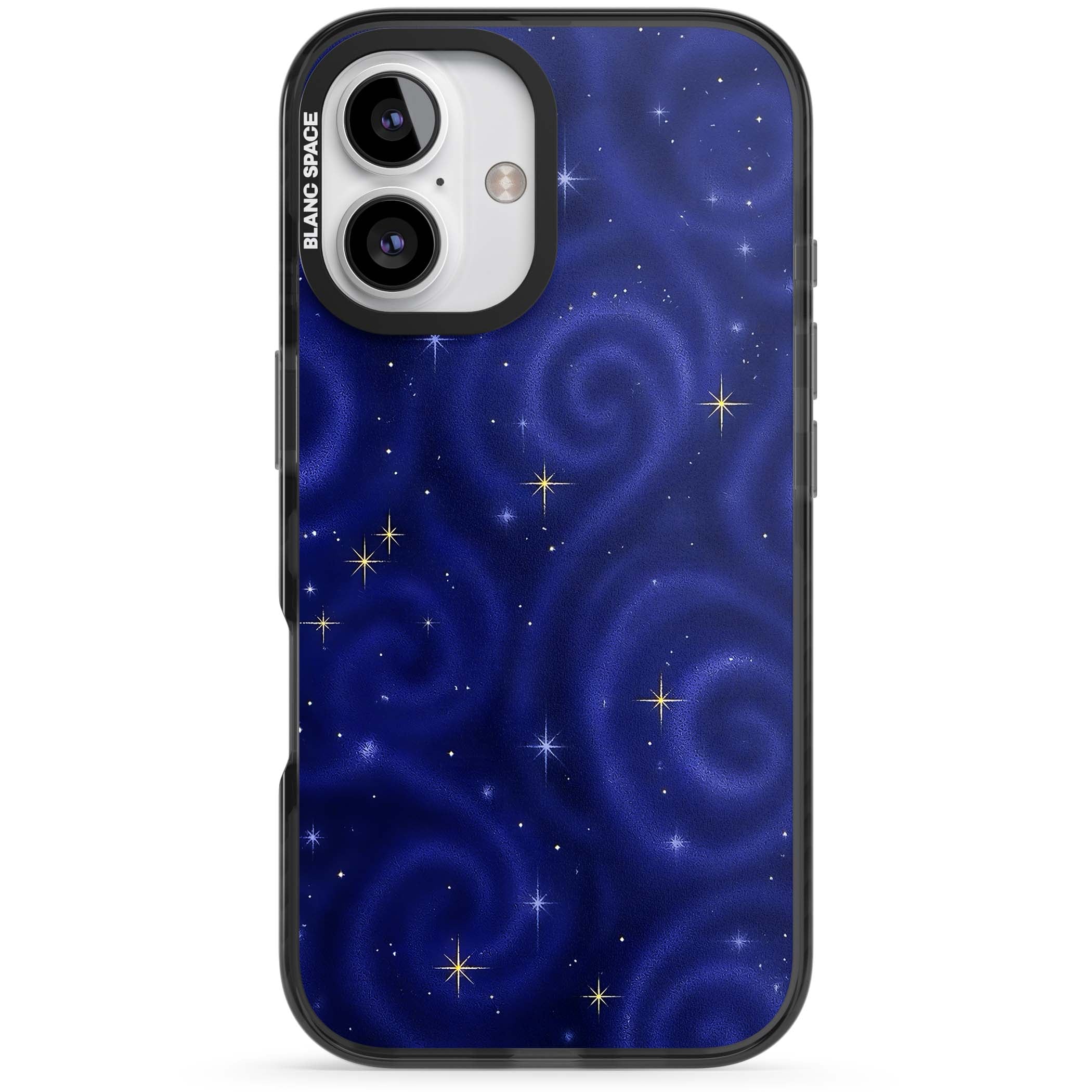 Indigo Cosmos celestial iPhone case featuring swirling navy night sky and sparkling golden stars | Black Impact case for iPhone 16, iPhone 16 Plus