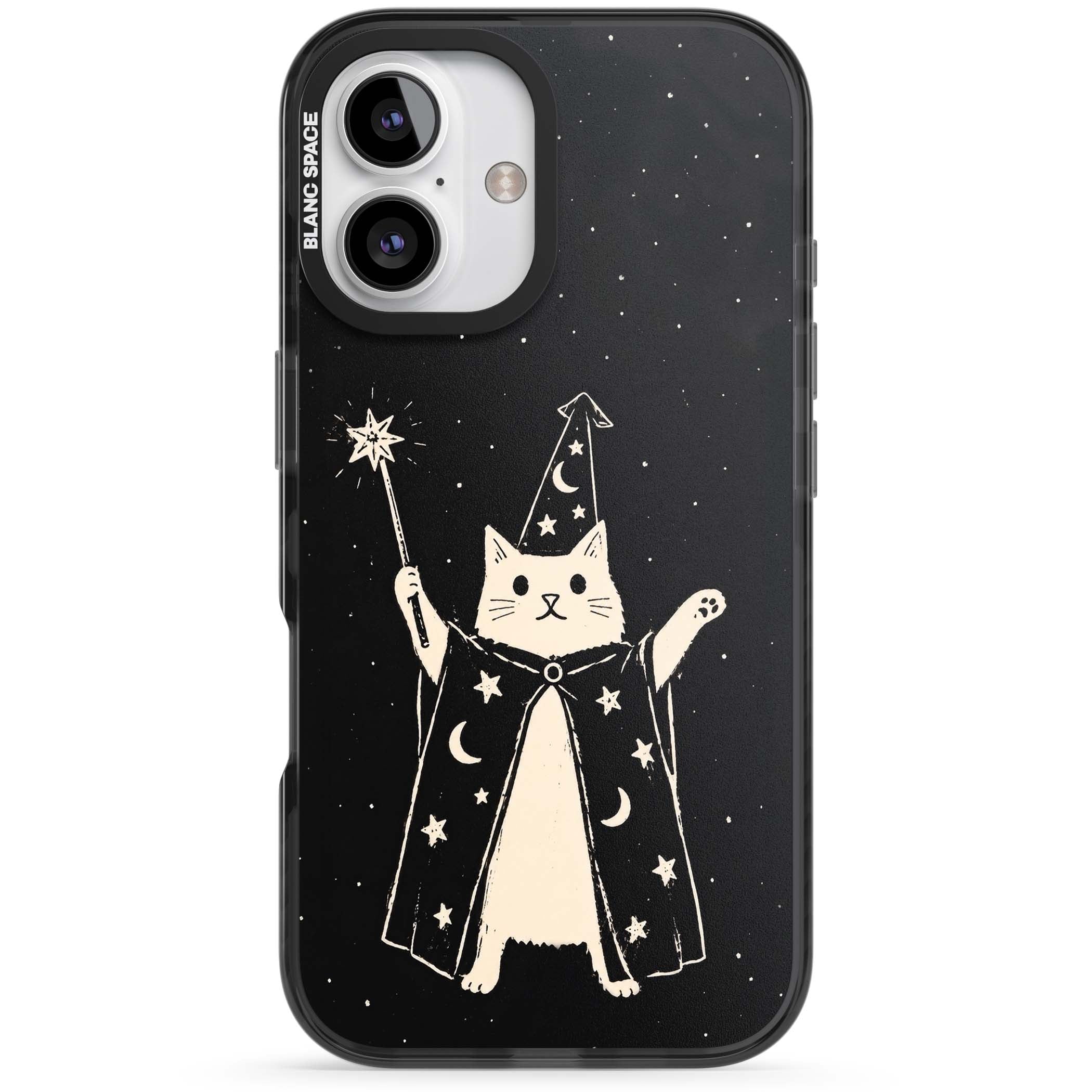 Whisker Wizard celestial cat iPhone case featuring a wizard cat with magic wand, starry night sky and crescent moons | Black Impact case for iPhone 16, iPhone 16 Plus