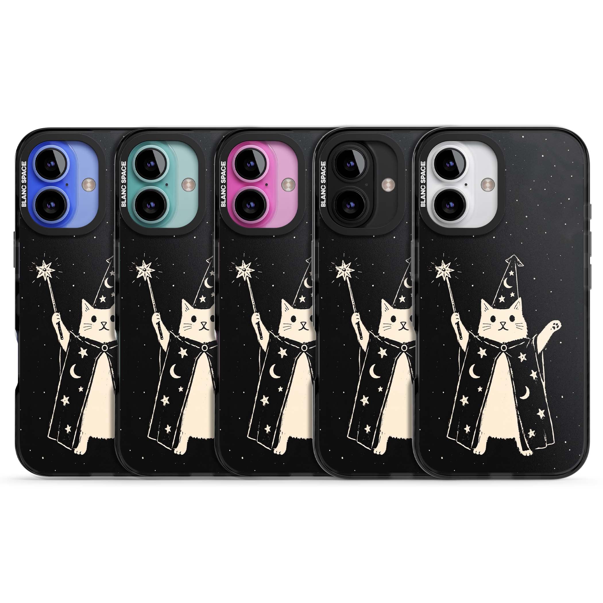 Whisker Wizard celestial cat iPhone case featuring a wizard cat with magic wand, starry night sky and crescent moons | Black Impact case for iPhone 16, iPhone 16 Plus
