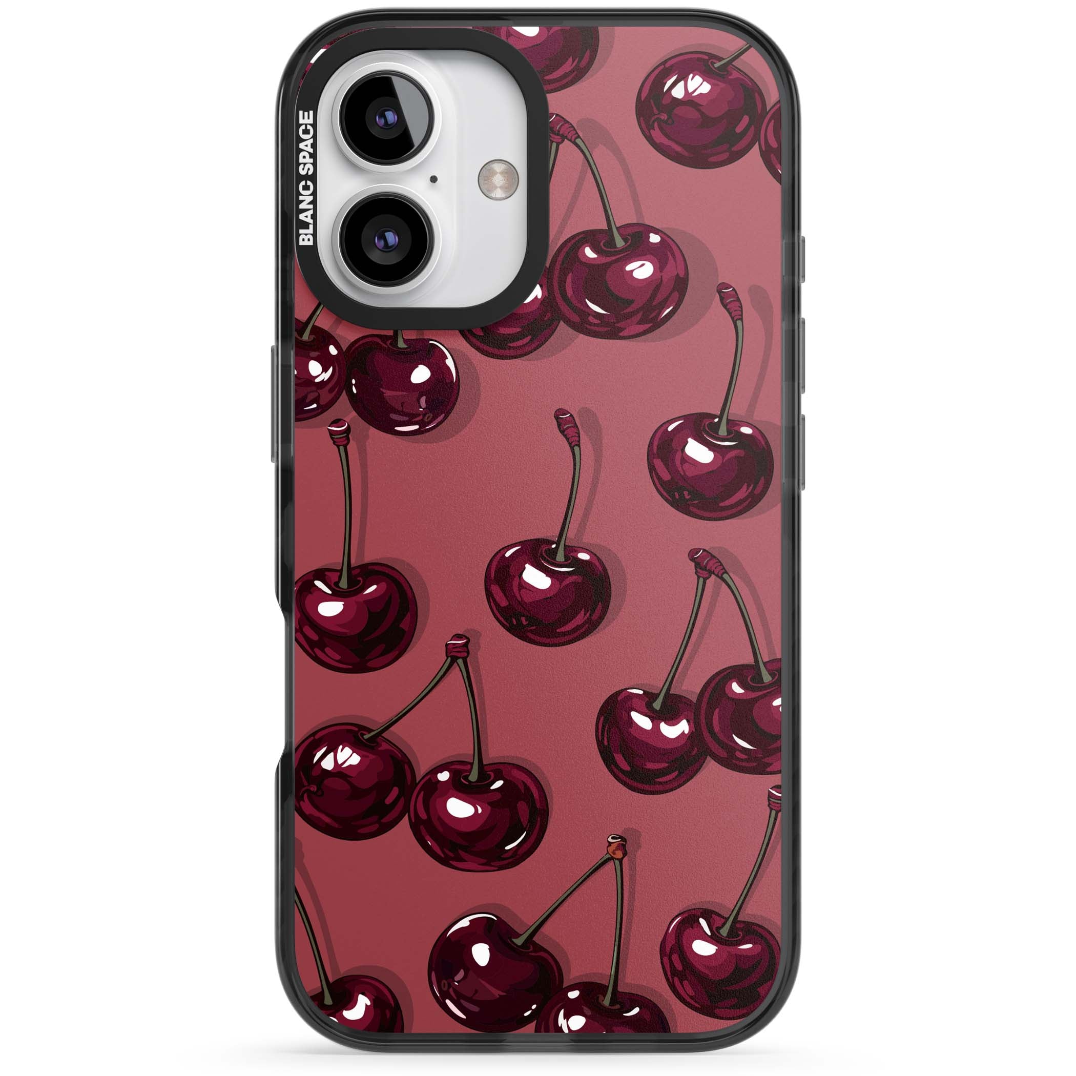 Cherry Rebel coquette iPhone case featuring glossy burgundy cherries on a dusty rose background | Black Impact case for iPhone 16, iPhone 16 Plus