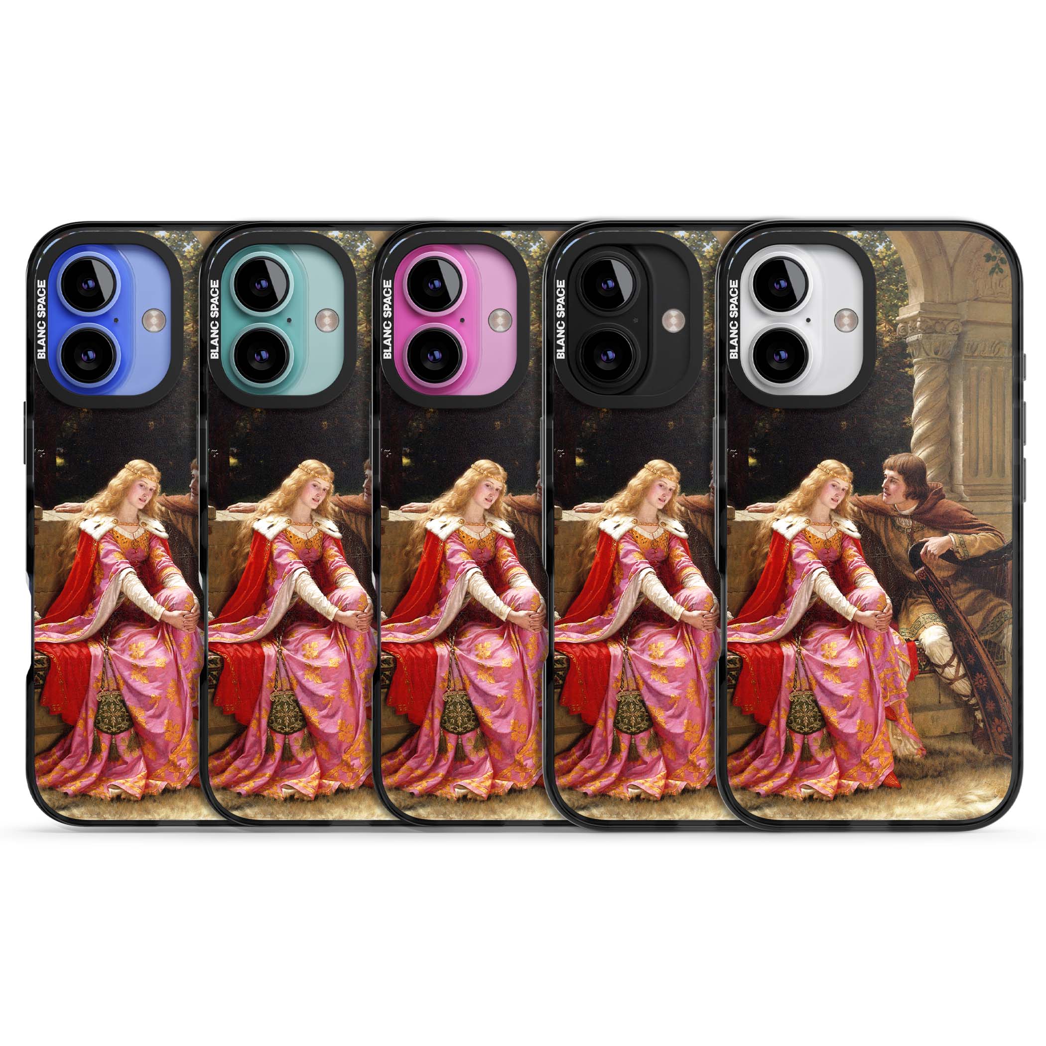 The End of the Song classic art iPhone case featuring a medieval lady in pink gown and her knight in a stone archway | Black Impact case for iPhone 16, iPhone 16 Plus