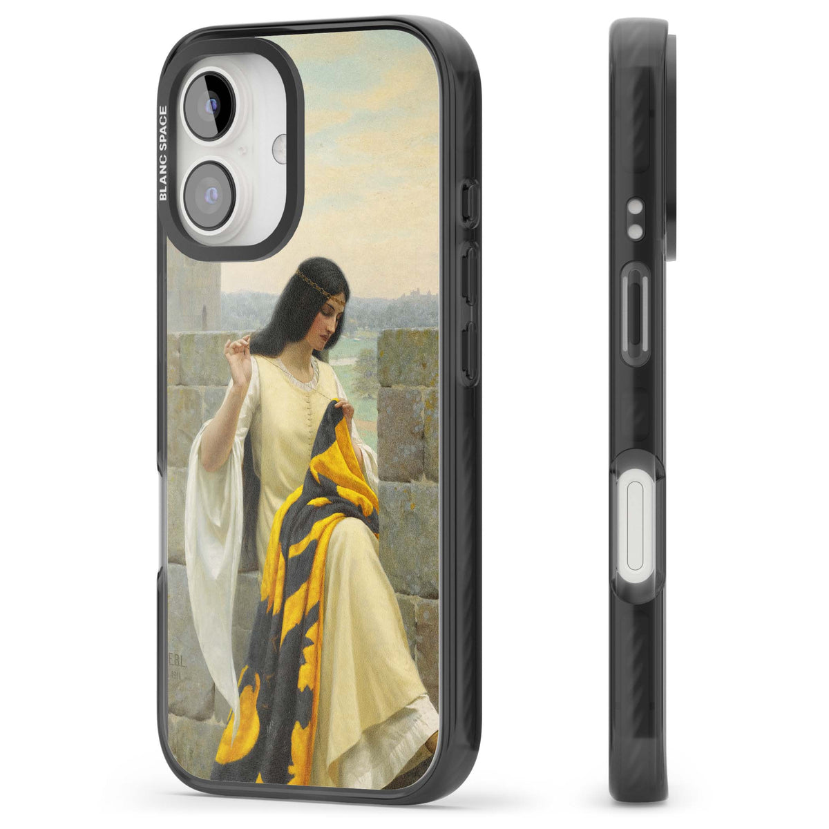 Stitching the Standard renaissance art iPhone case featuring a medieval lady sewing a golden banner on a castle wall | Black Impact case for iPhone 16, iPhone 16 Plus