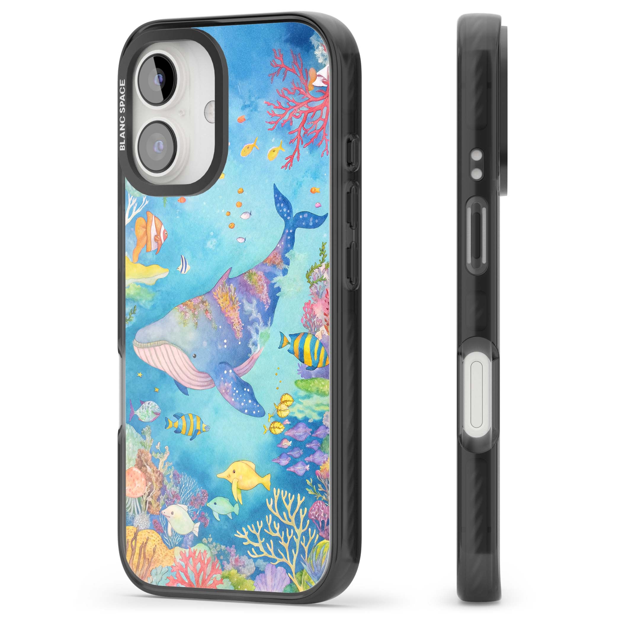 Coral Lagoon ocean iPhone case featuring a watercolour whale, coral reef and tropical fish | Black Impact case for iPhone 16, iPhone 16 Plus
