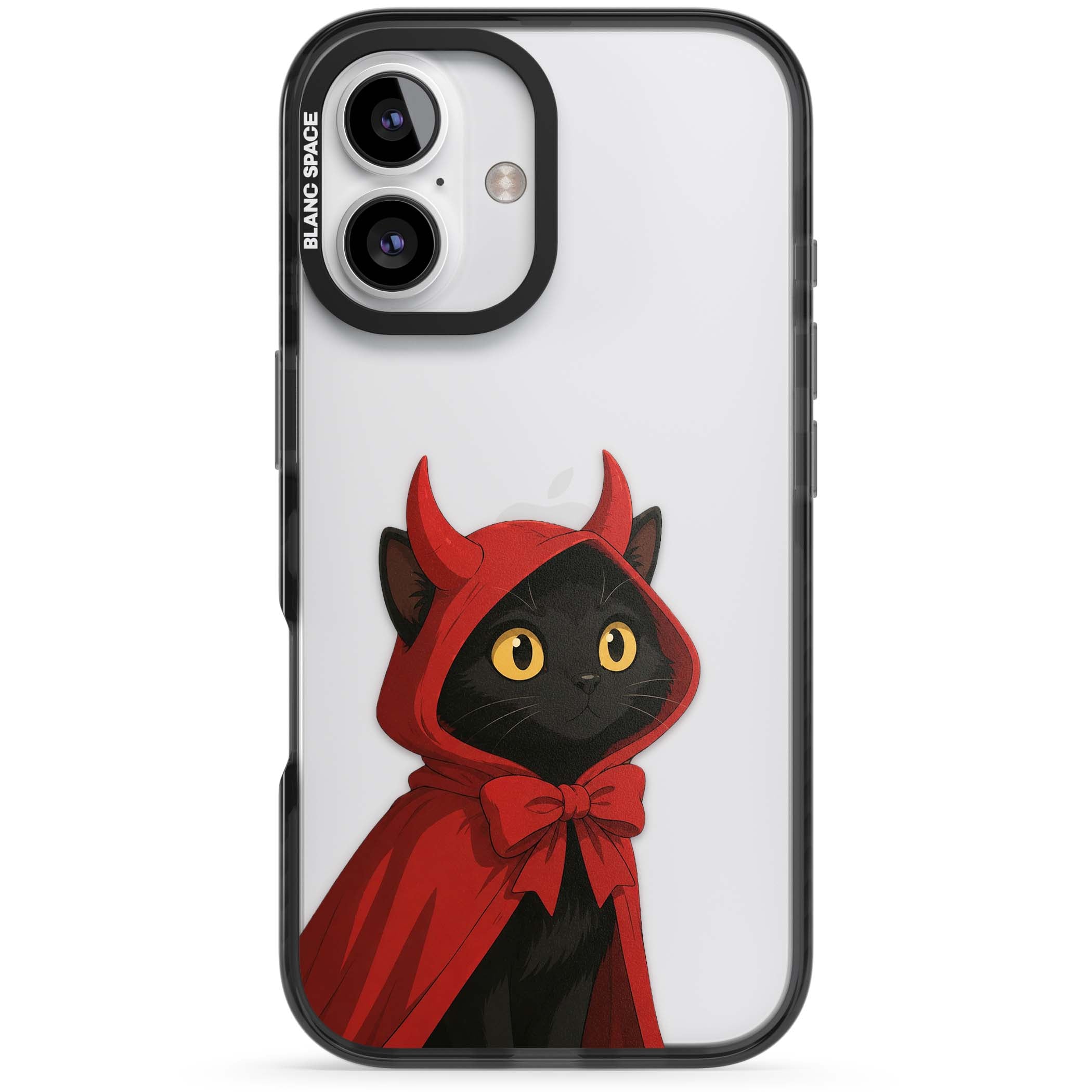 Little Devil halloween iPhone case featuring a black cat in a red hooded devil cloak with horns and golden eyes | Black Impact case for iPhone 16, iPhone 16 Plus