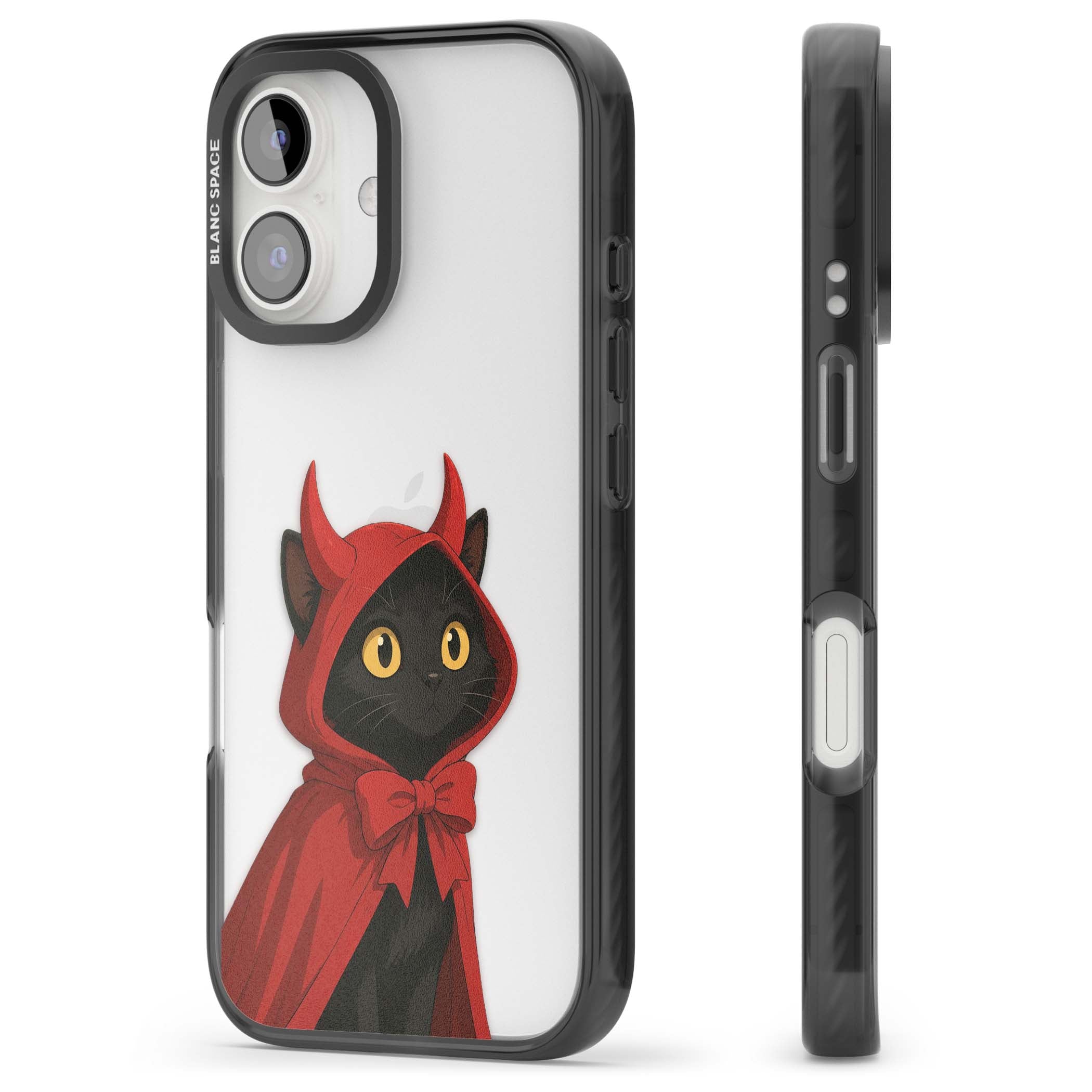 Little Devil halloween iPhone case featuring a black cat in a red hooded devil cloak with horns and golden eyes | Black Impact case for iPhone 16, iPhone 16 Plus