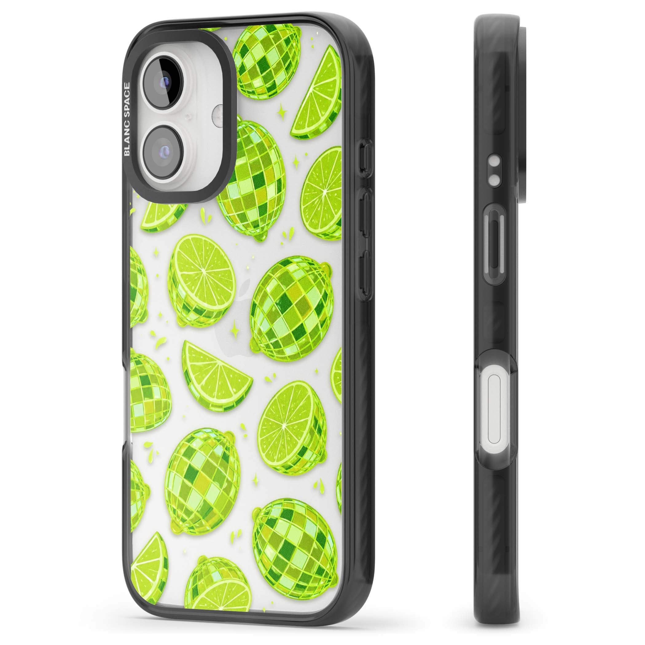 Disco Limes fruit aesthetic iPhone case featuring green disco balls, lime slices and citrus sparkles | Black Impact case for iPhone 16, iPhone 16 Plus