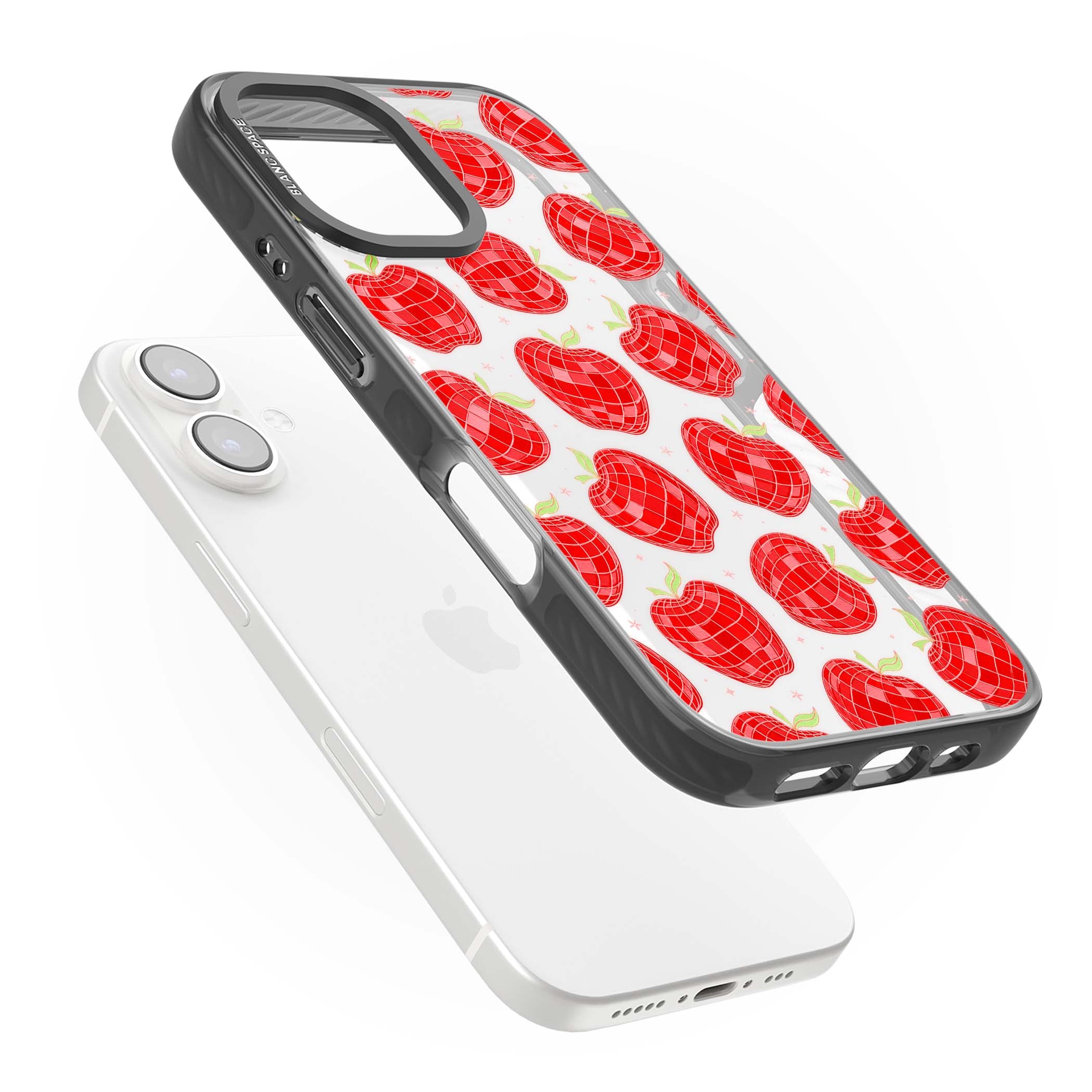 Disco Apples Y2K iPhone case featuring red disco ball apples, green leaves and pink sparkles on clear | Black Impact case for iPhone 16, iPhone 16 Plus