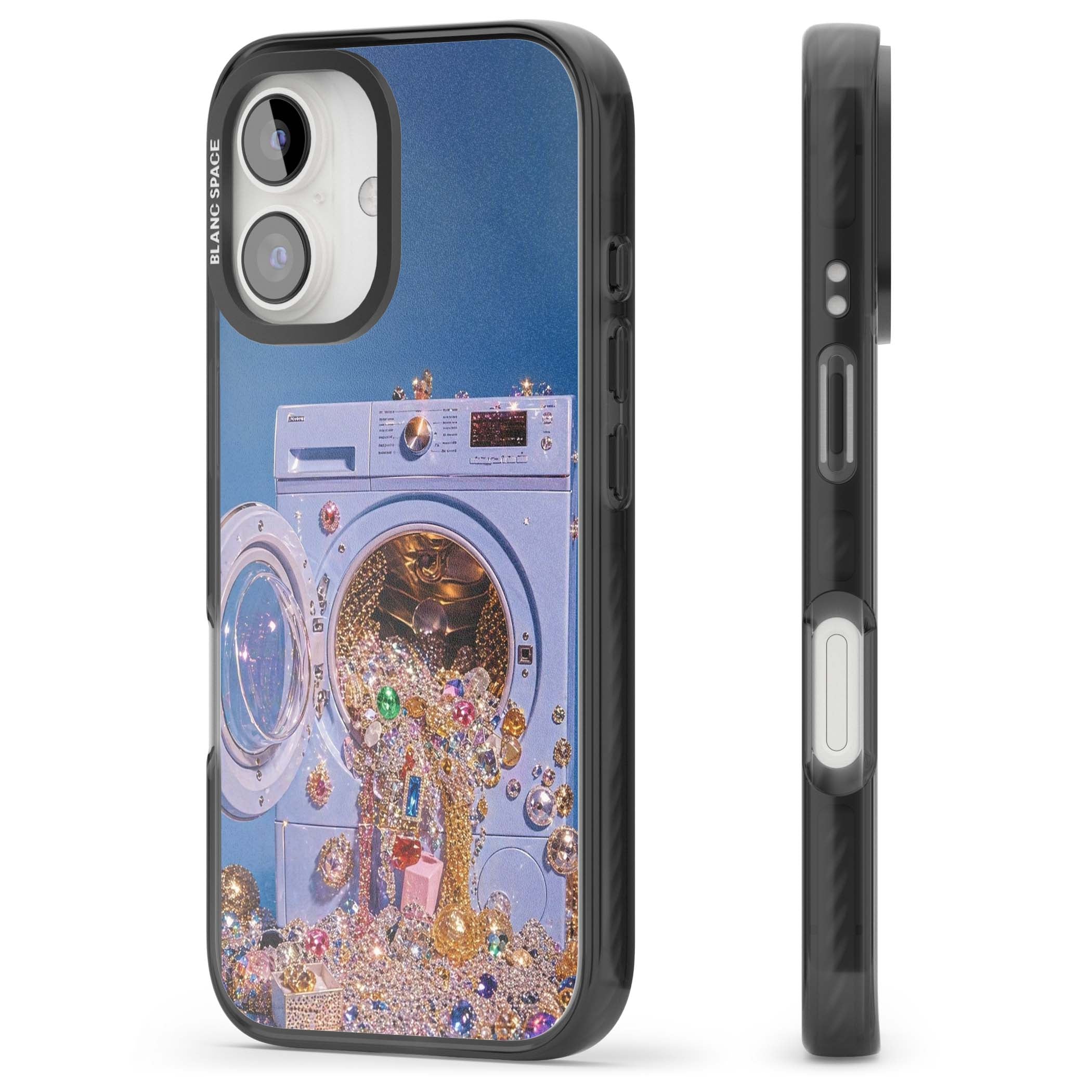 Gem Laundry baddie iPhone case featuring a surreal washing machine overflowing with colourful gemstones and crystals | Black Impact case for iPhone 16, iPhone 16 Plus