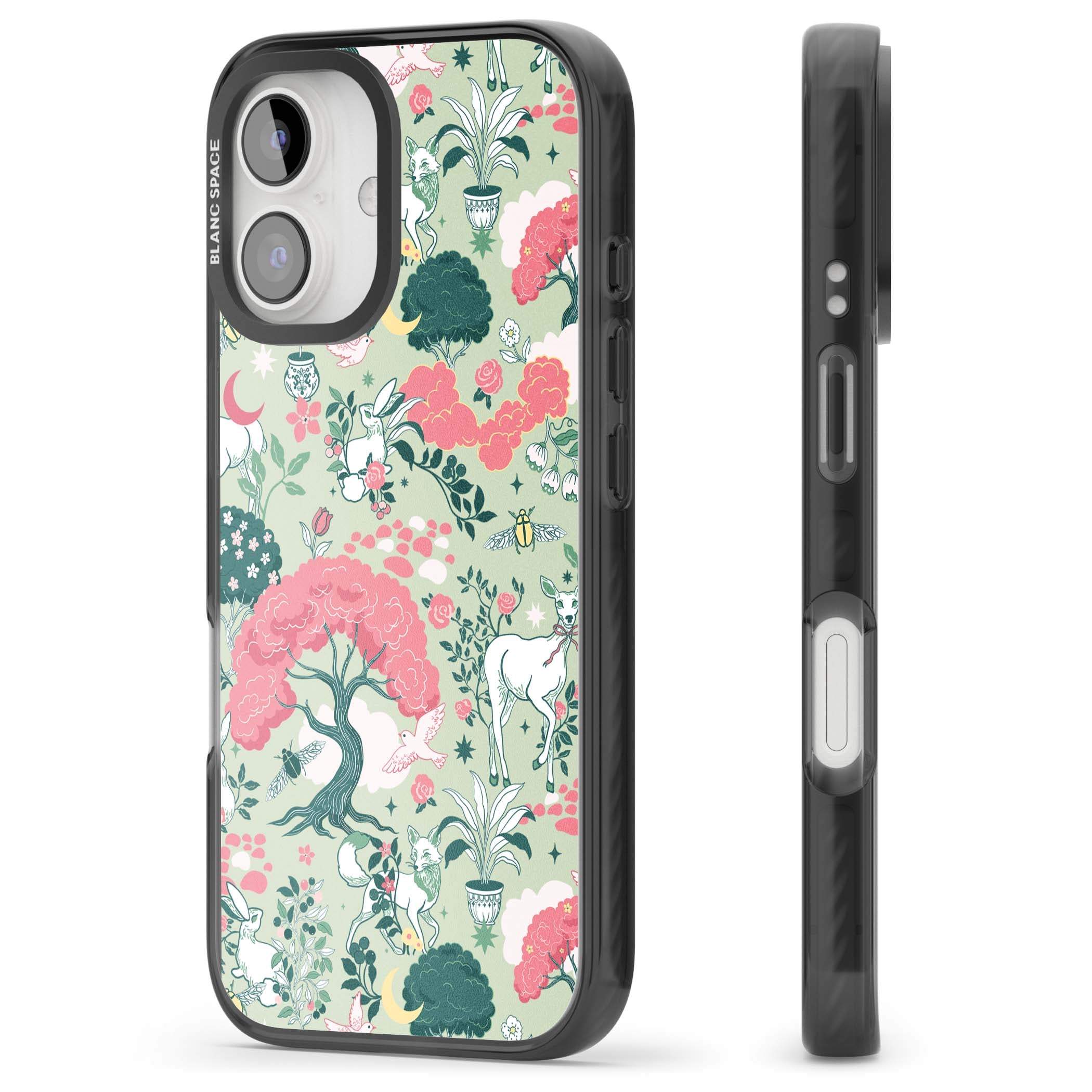 Enchanted Woodland cottagecore iPhone case featuring white deer, pink roses, mushrooms and woodland animals on sage green | Black Impact case for iPhone 16, iPhone 16 Plus
