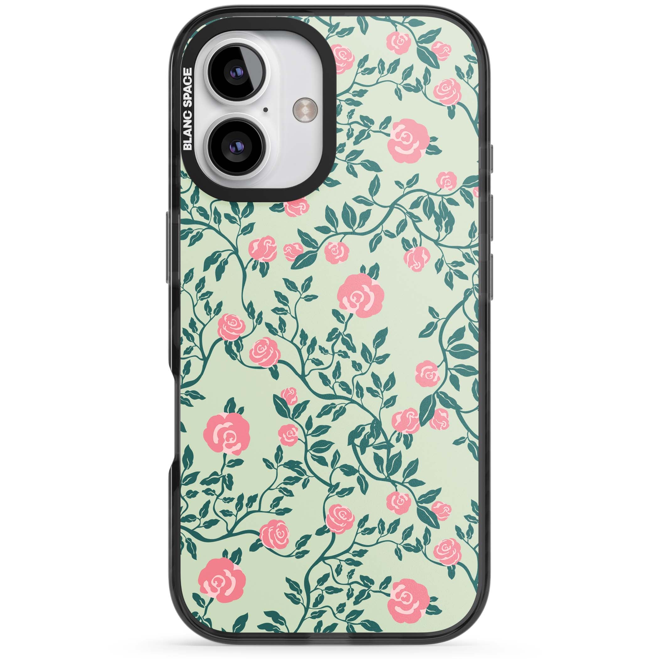 Rose Trellis cottagecore iPhone case featuring pink roses, sage green vines, and mint background | Black Impact case for iPhone 16, iPhone 16 Plus