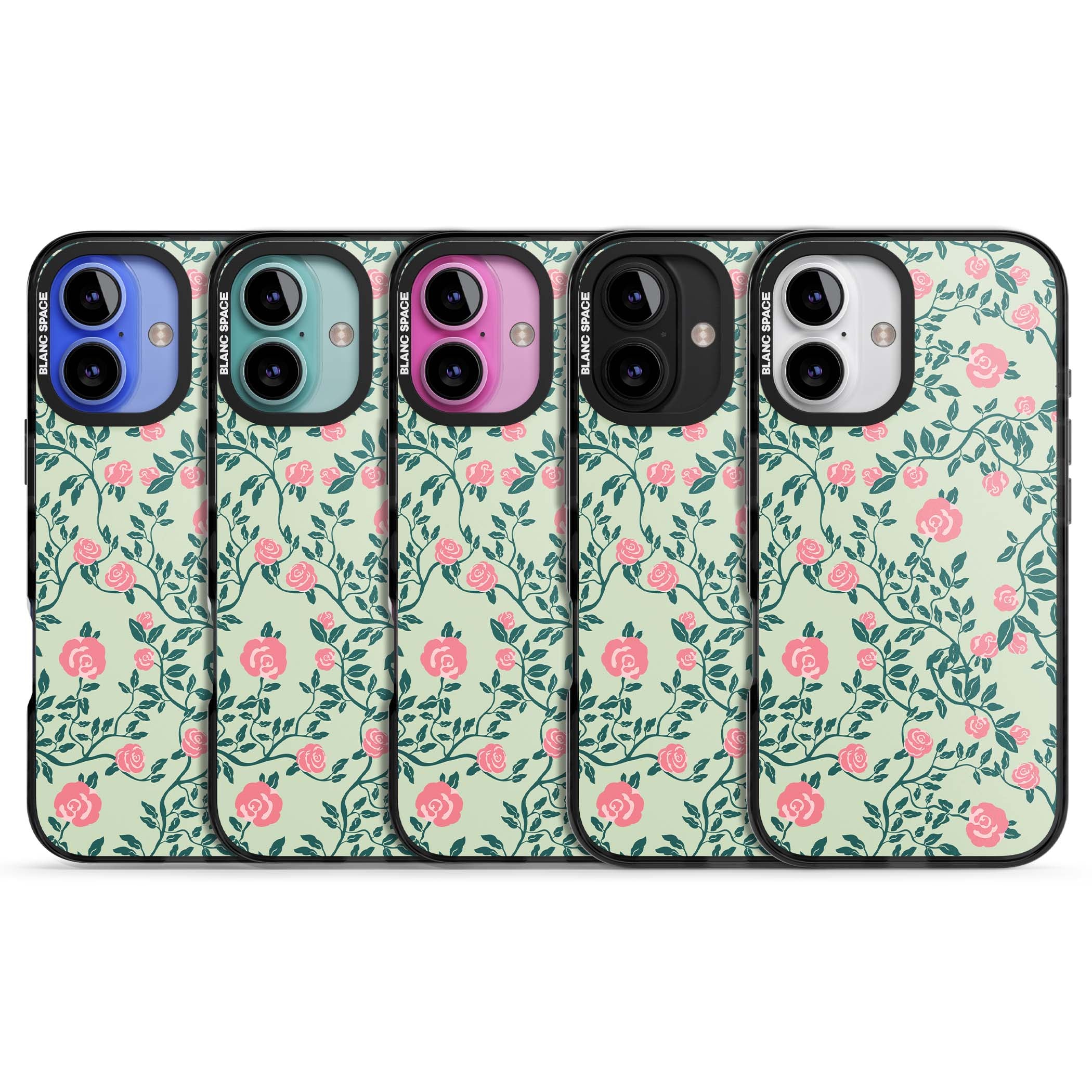 Rose Trellis cottagecore iPhone case featuring pink roses, sage green vines, and mint background | Black Impact case for iPhone 16, iPhone 16 Plus