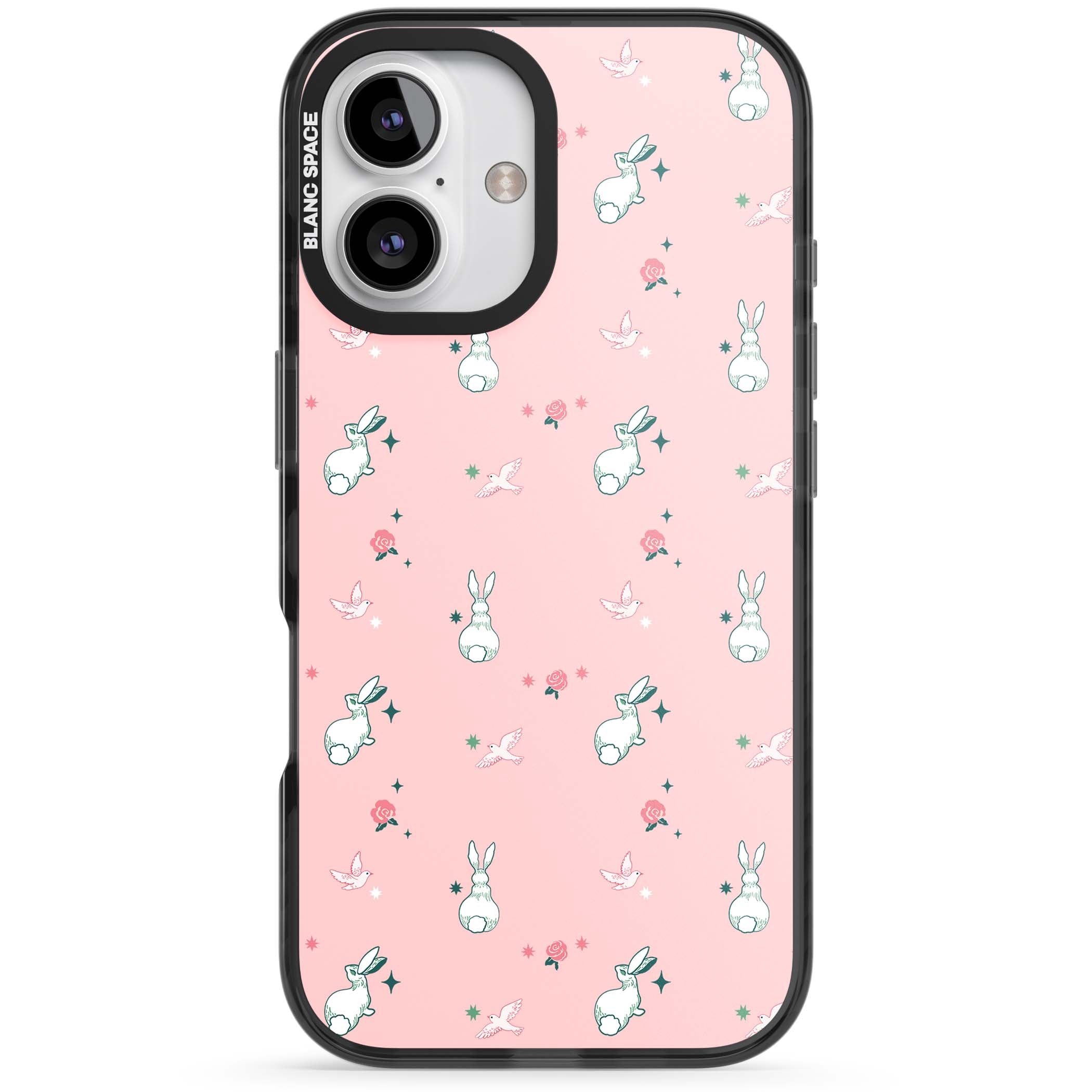 Bunny Garden kawaii iPhone case featuring white rabbits, pink roses, doves and stars on pink background | Black Impact case for iPhone 16, iPhone 16 Plus