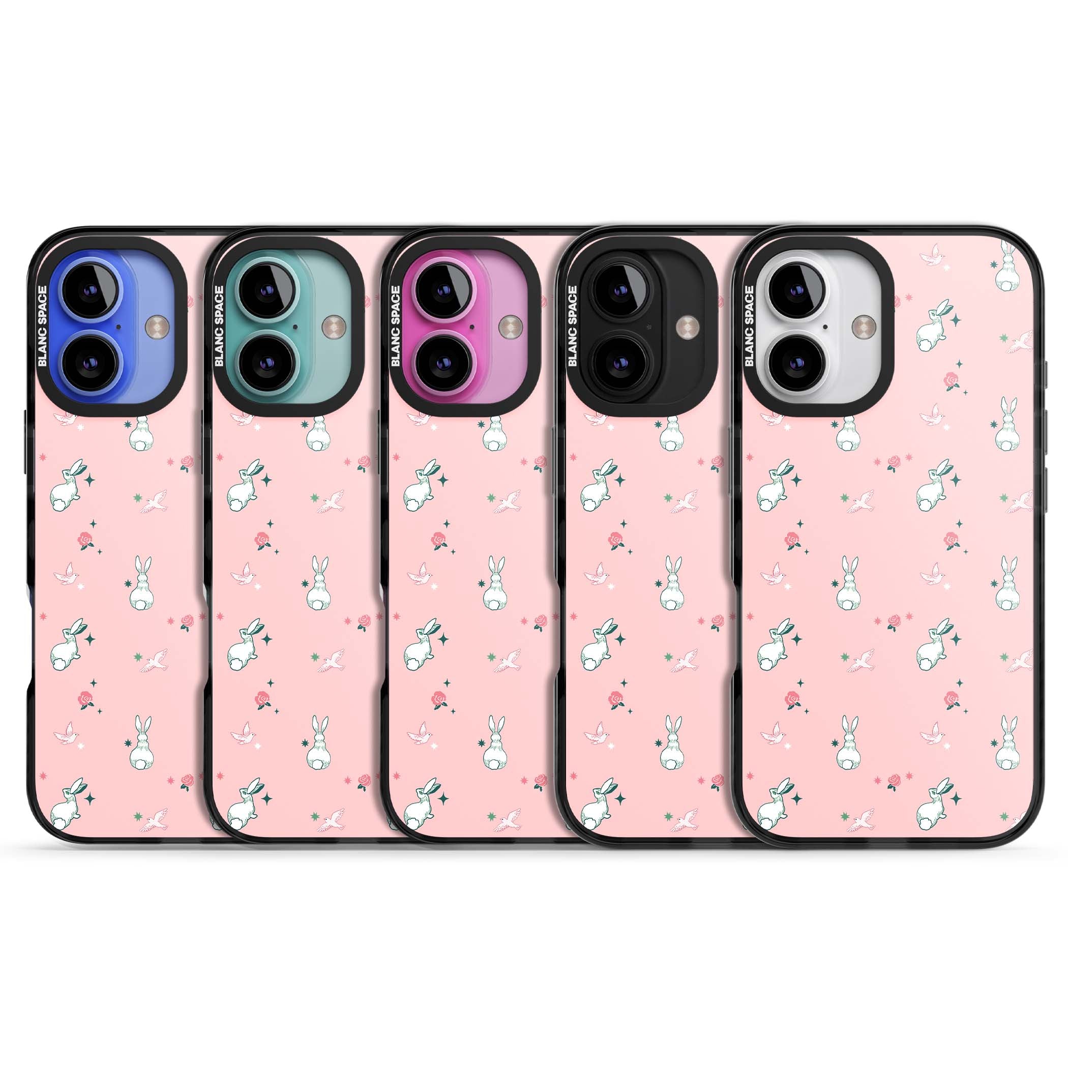 Bunny Garden kawaii iPhone case featuring white rabbits, pink roses, doves and stars on pink background | Black Impact case for iPhone 16, iPhone 16 Plus